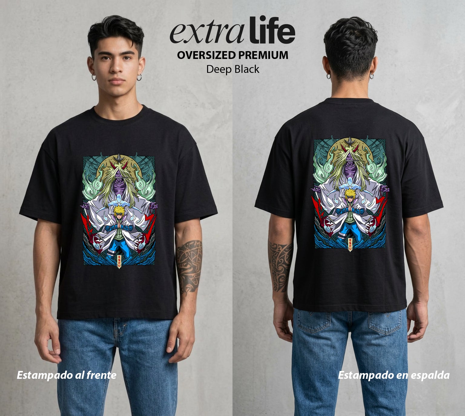 La Aldea Oculta | Dattebayo del Viento #02852 - Playera Oversized Premium | Deep Black - Foto en modelo