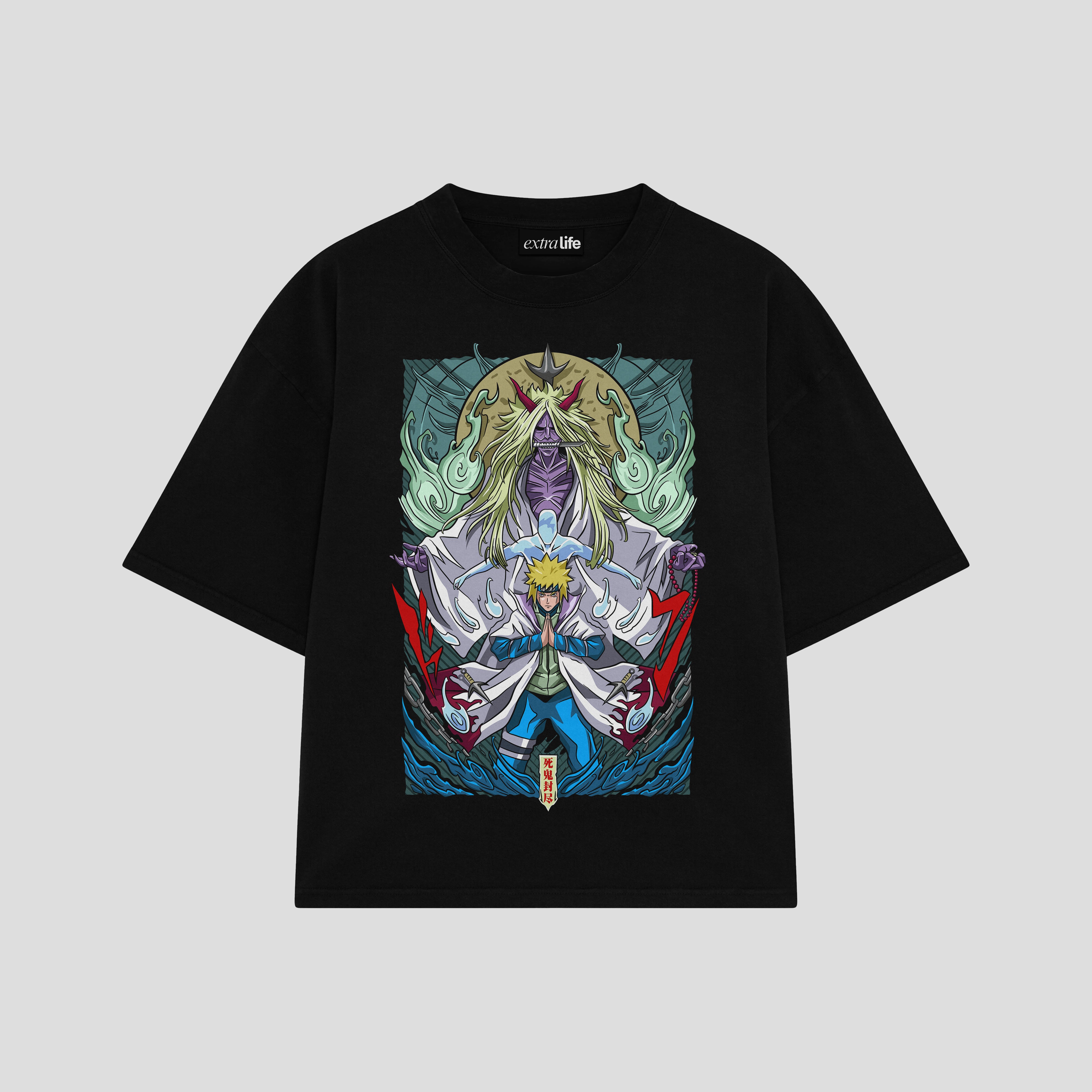 Playera streetwear premium de anime y gaming ExtraLife MX, corte boxy oversized drop shoulder heavyweight en color Deep Black y Off-White, moda urbana mexicana de culto.