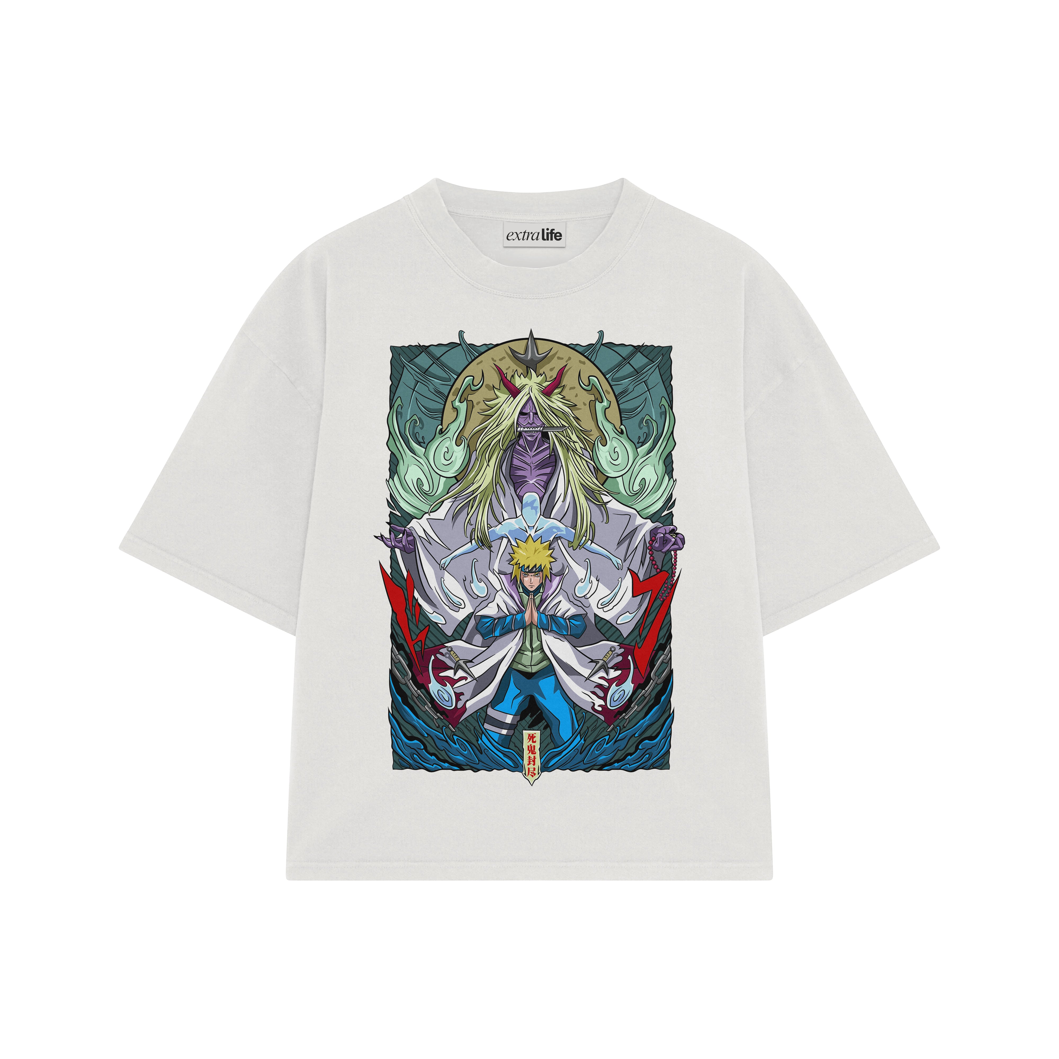 Playera streetwear premium de anime y gaming ExtraLife MX, corte boxy oversized drop shoulder heavyweight en color Deep Black y Off-White, moda urbana mexicana de culto.