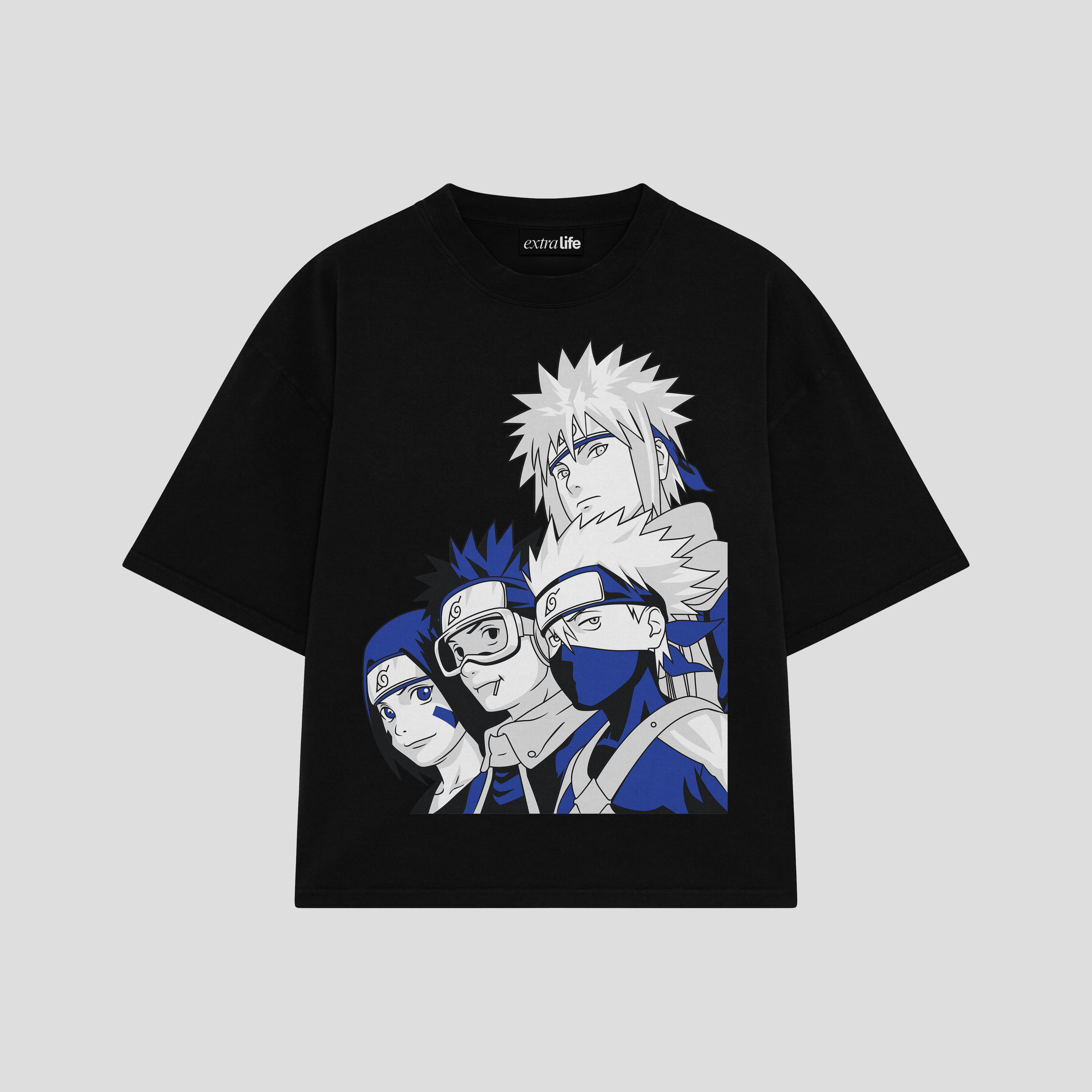 Playera streetwear premium de anime y gaming ExtraLife MX, corte boxy oversized drop shoulder heavyweight en color Deep Black y Off-White, moda urbana mexicana de culto.