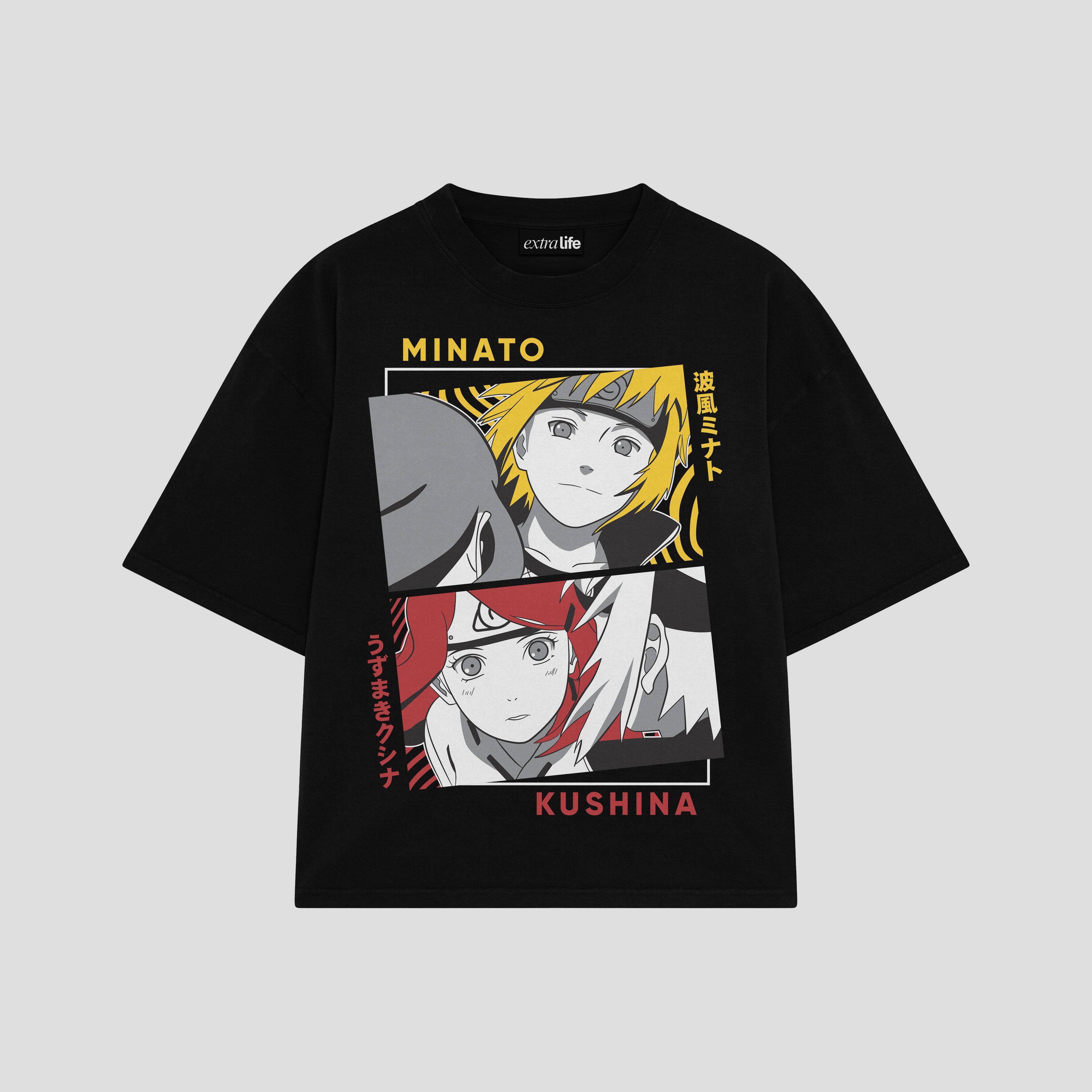 Playera streetwear premium de anime y gaming ExtraLife MX, corte boxy oversized drop shoulder heavyweight en color Deep Black y Off-White, moda urbana mexicana de culto.