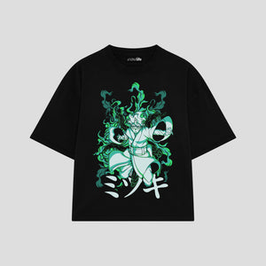 Playera streetwear premium de anime y gaming ExtraLife MX, corte boxy oversized drop shoulder heavyweight en color Deep Black y Off-White, moda urbana mexicana de culto.