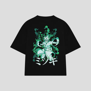 Playera streetwear premium de anime y gaming ExtraLife MX, corte boxy oversized drop shoulder heavyweight en color Deep Black y Off-White, moda urbana mexicana de culto.