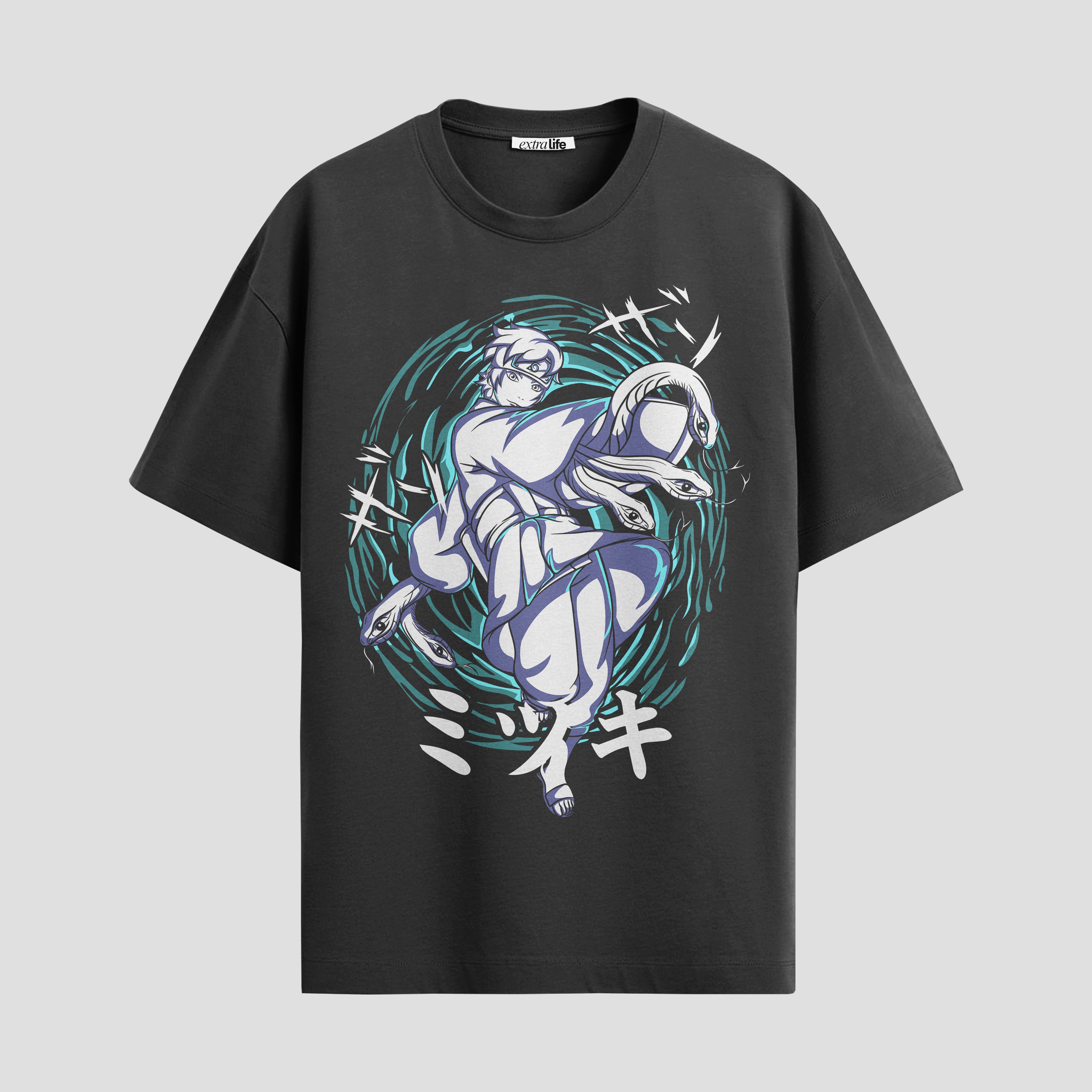 Playera urbana de anime y gaming ExtraLife MX, corte Standard Fit unisex ligero y transpirable en color Deep Black y Pure White, ropa de uso diario para gym y casual.