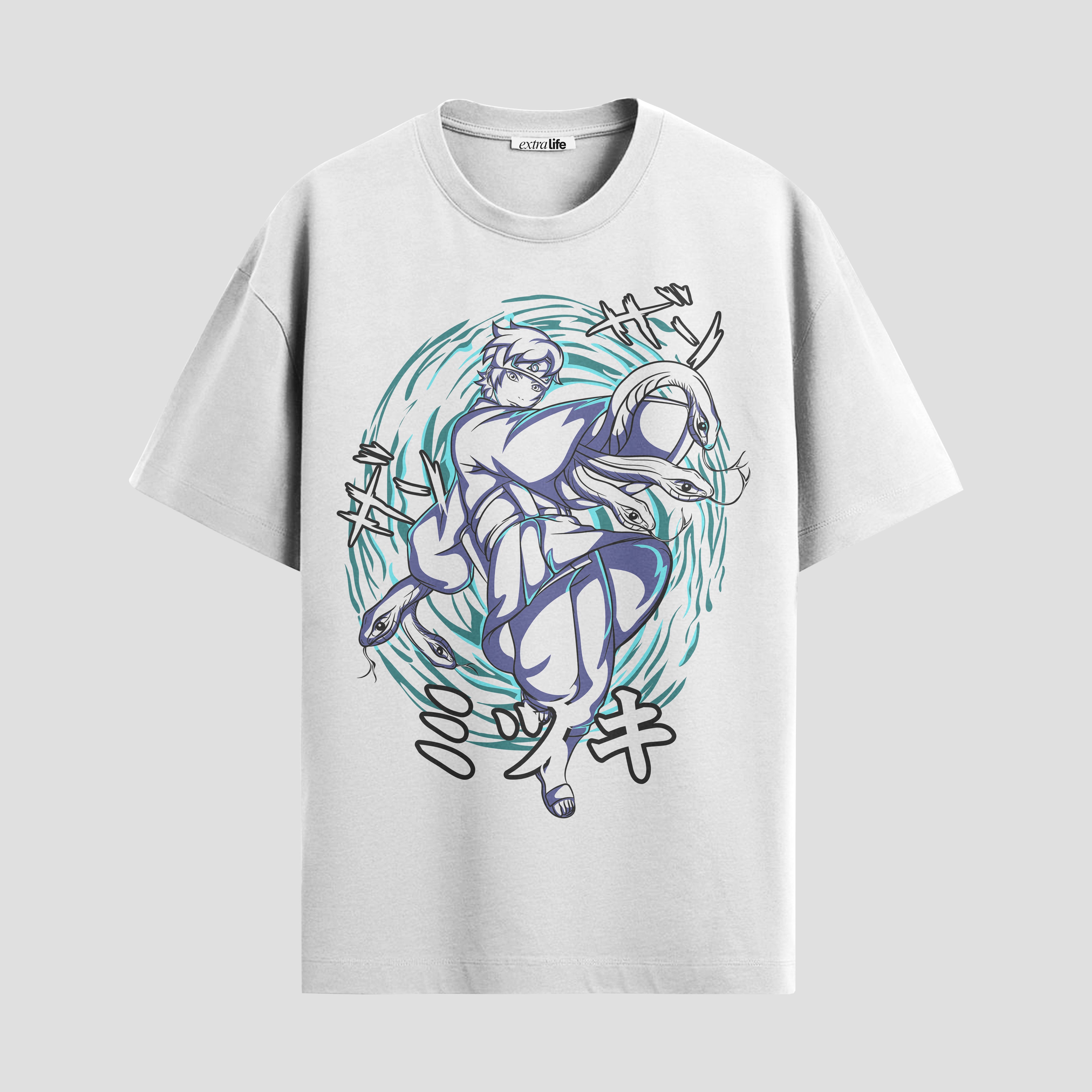 Playera urbana de anime y gaming ExtraLife MX, corte Standard Fit unisex ligero y transpirable en color Deep Black y Pure White, ropa de uso diario para gym y casual.