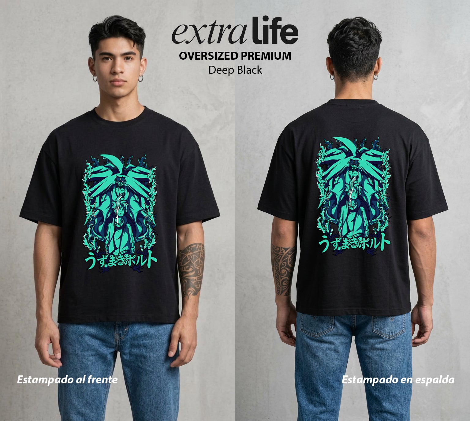 La Aldea Oculta | Zorro de Nueve Colas #02858 - Playera Oversized Premium | Deep Black - Foto en modelo