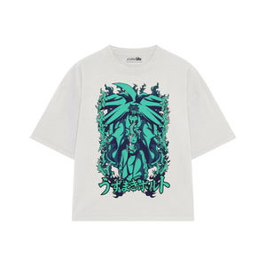 Playera streetwear premium de anime y gaming ExtraLife MX, corte boxy oversized drop shoulder heavyweight en color Deep Black y Off-White, moda urbana mexicana de culto.