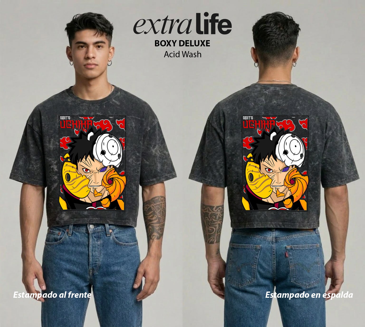 Playera streetwear premium de anime y gaming ExtraLife MX, corte boxy deluxe mineral wash heavyweight en color Acid Wash, moda urbana mexicana de culto.