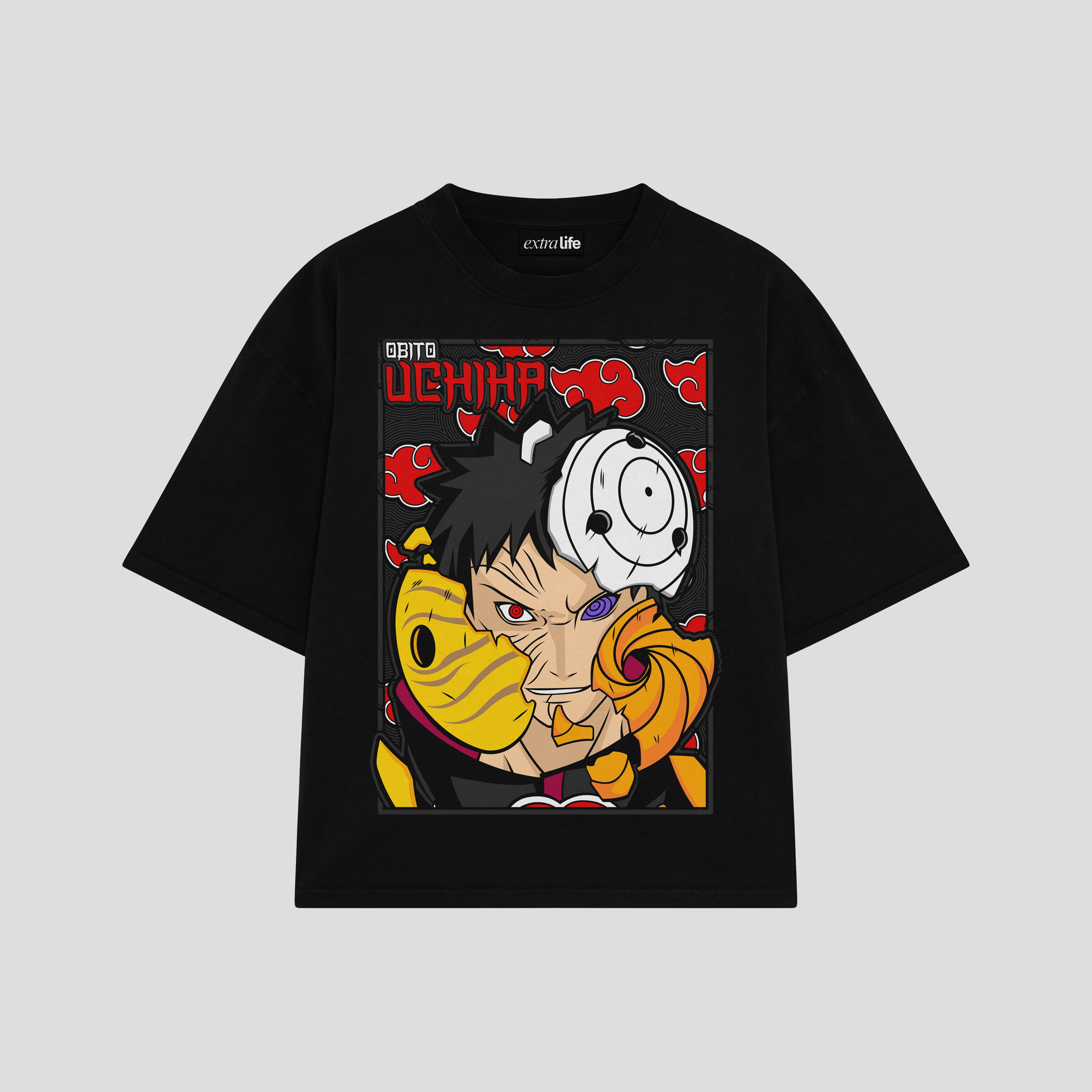 Playera streetwear premium de anime y gaming ExtraLife MX, corte boxy oversized drop shoulder heavyweight en color Deep Black y Off-White, moda urbana mexicana de culto.