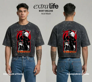 Playera streetwear premium de anime y gaming ExtraLife MX, corte boxy deluxe mineral wash heavyweight en color Acid Wash, moda urbana mexicana de culto.