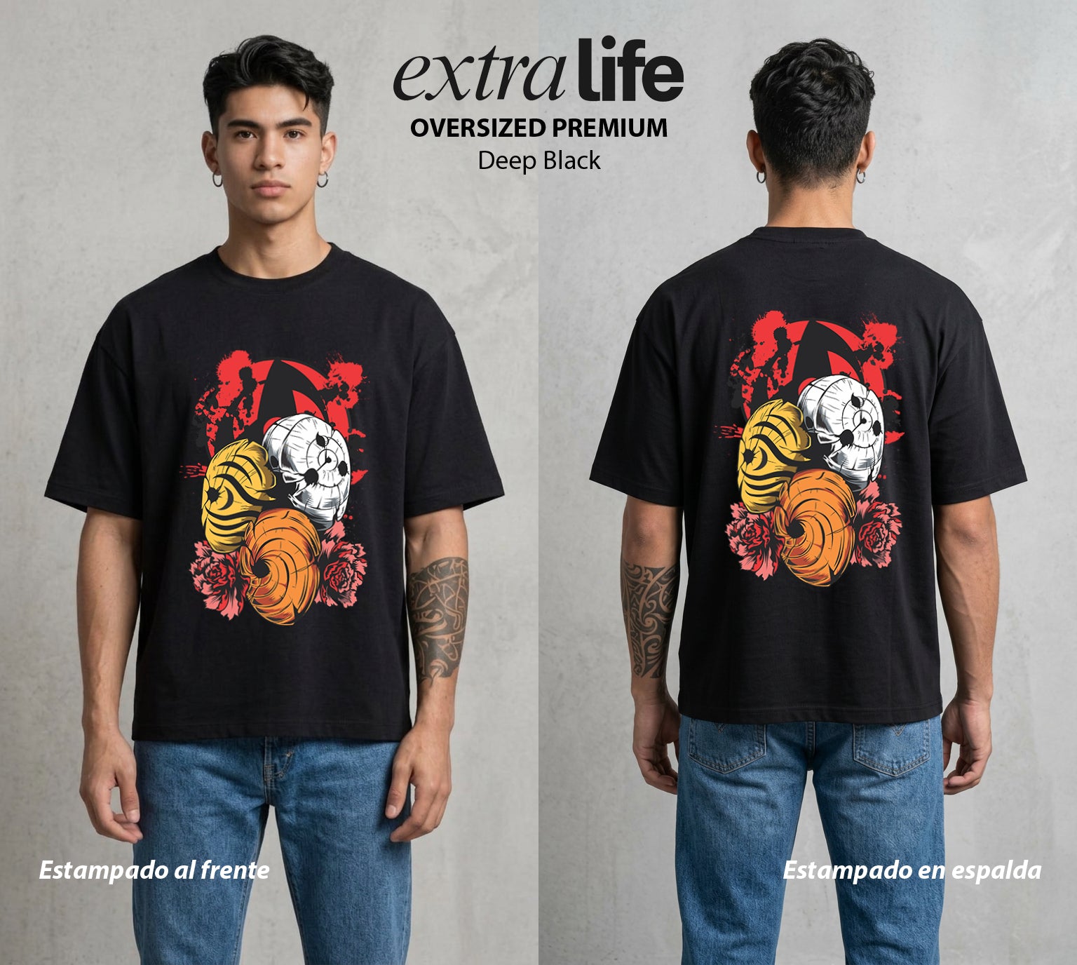 La Aldea Oculta | Zorro de Nueve Colas con Mascara #02865 - Playera Oversized Premium | Deep Black - Foto en modelo