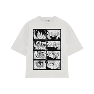 Playera streetwear premium de anime y gaming ExtraLife MX, corte boxy oversized drop shoulder heavyweight en color Deep Black y Off-White, moda urbana mexicana de culto.