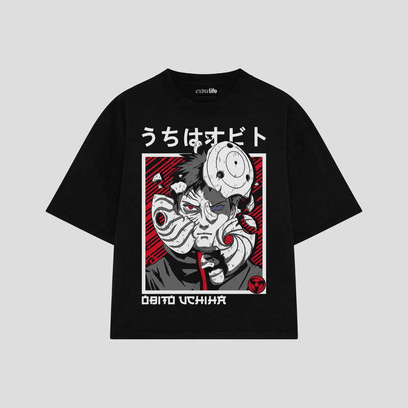 Playera streetwear premium de anime y gaming ExtraLife MX, corte boxy oversized drop shoulder heavyweight en color Deep Black y Off-White, moda urbana mexicana de culto.
