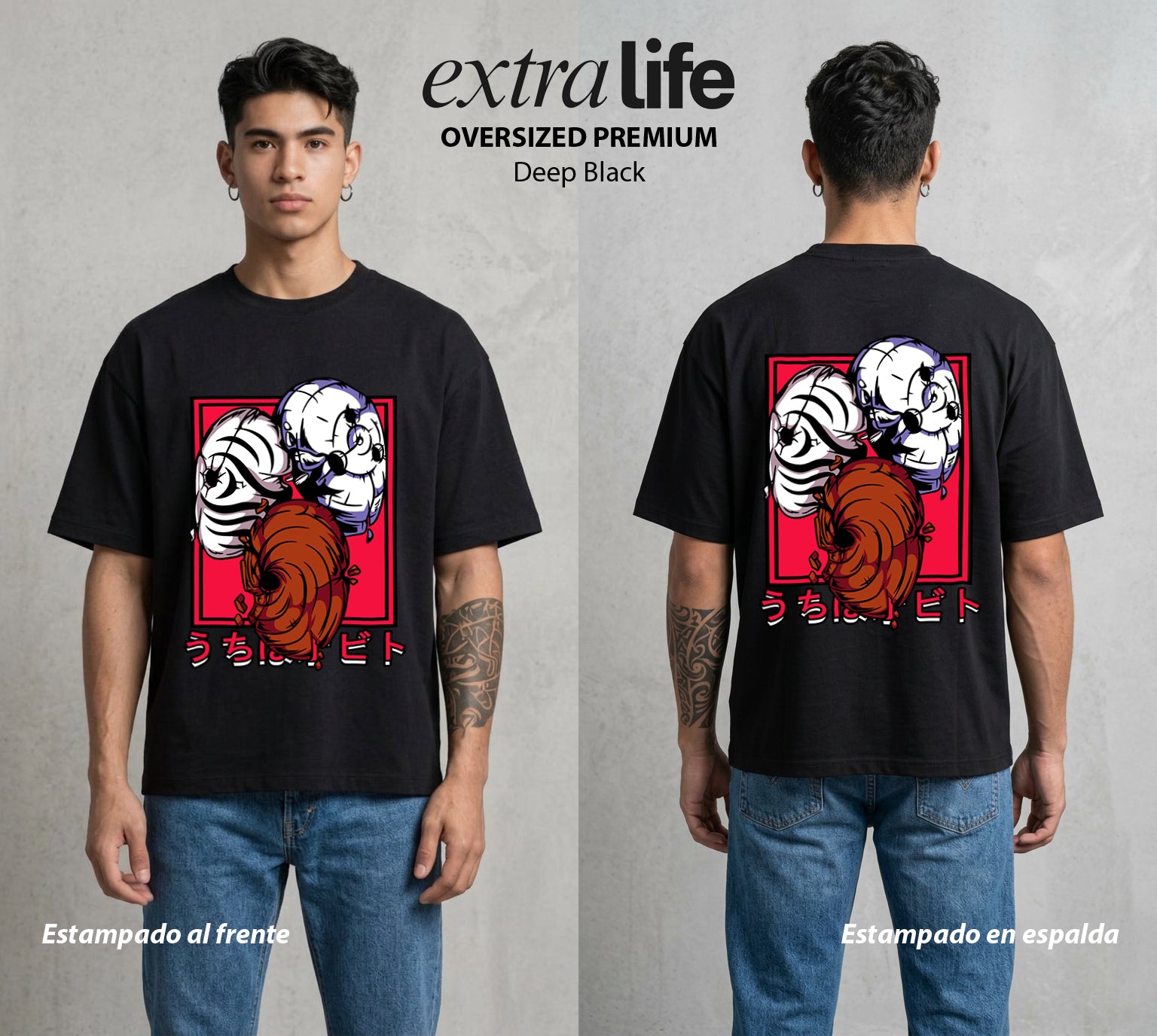 La Aldea Oculta | Zorro de Nueve Colas con Mascara #02869 - Playera Oversized Premium | Deep Black - Foto en modelo