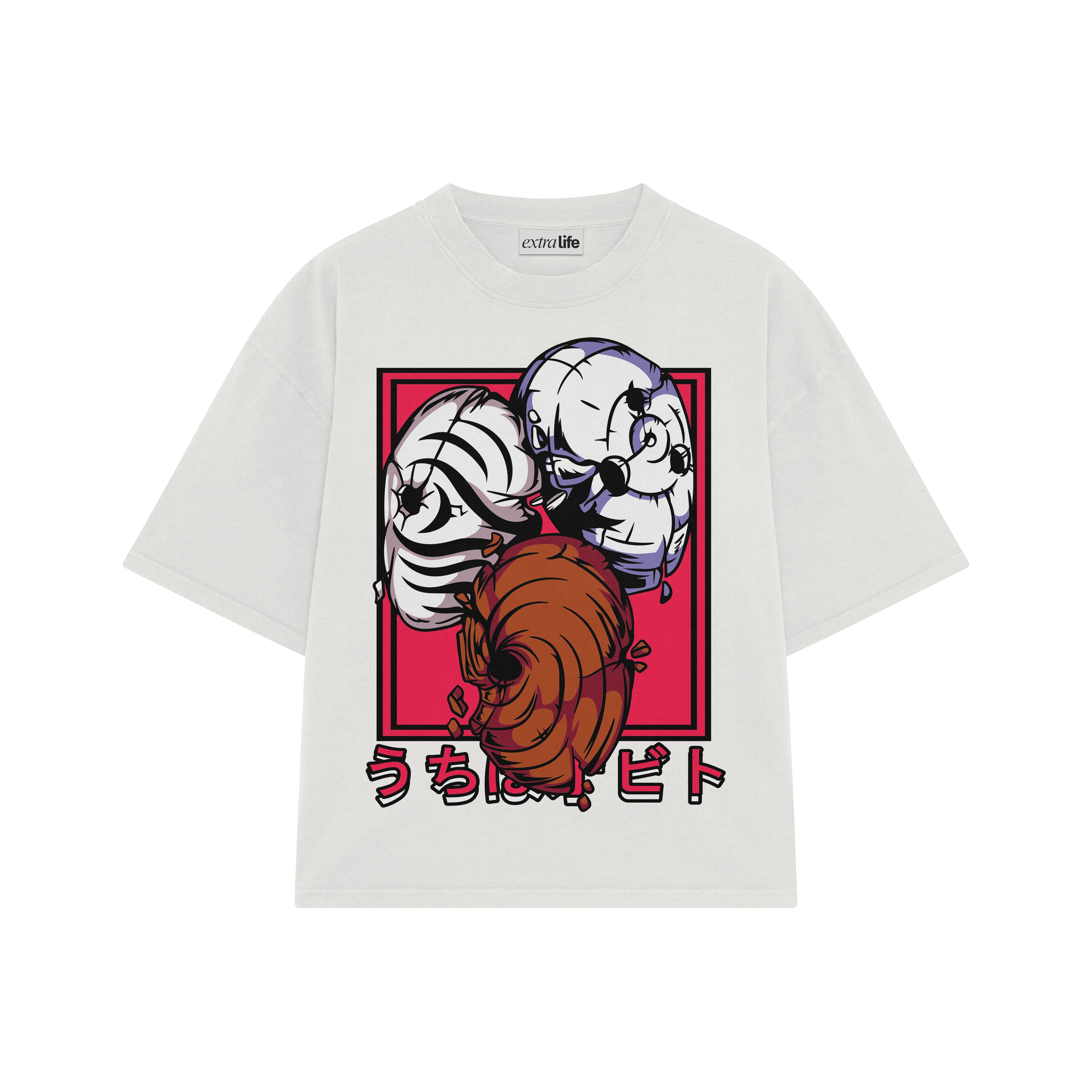 Playera streetwear premium de anime y gaming ExtraLife MX, corte boxy oversized drop shoulder heavyweight en color Deep Black y Off-White, moda urbana mexicana de culto.
