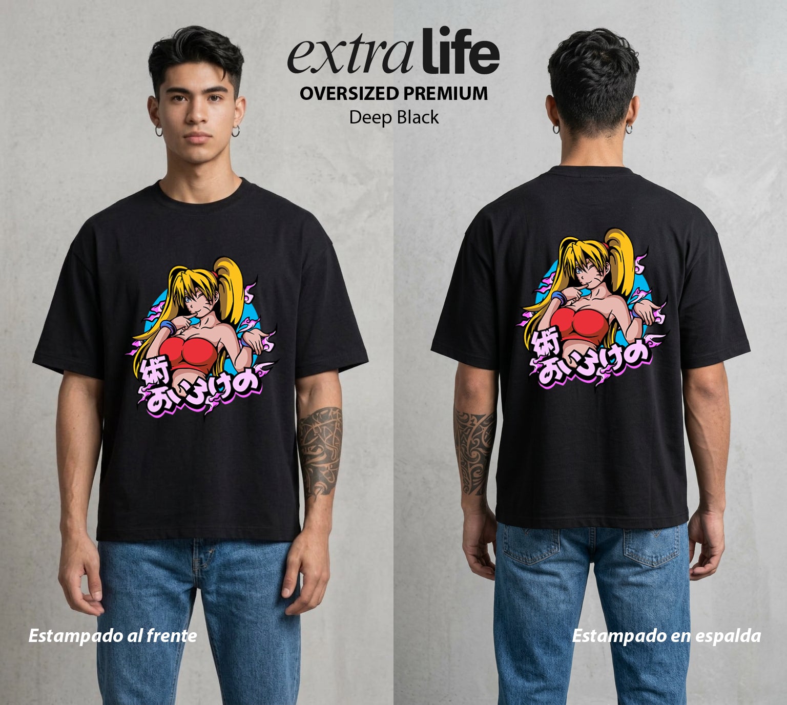 La Aldea Oculta | Zorro de Nueve Colas #02870 - Playera Oversized Premium | Deep Black - Foto en modelo
