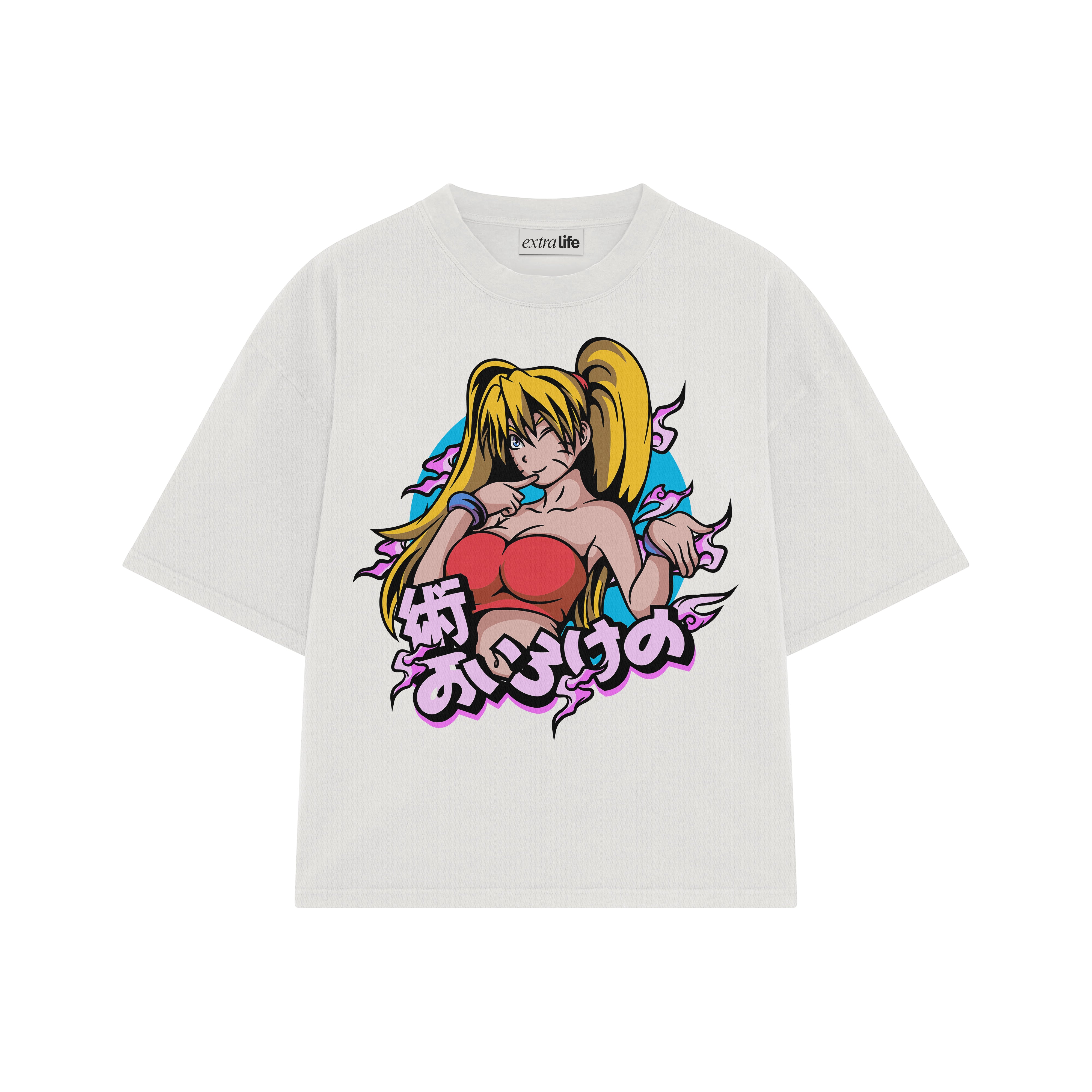 Playera streetwear premium de anime y gaming ExtraLife MX, corte boxy oversized drop shoulder heavyweight en color Deep Black y Off-White, moda urbana mexicana de culto.