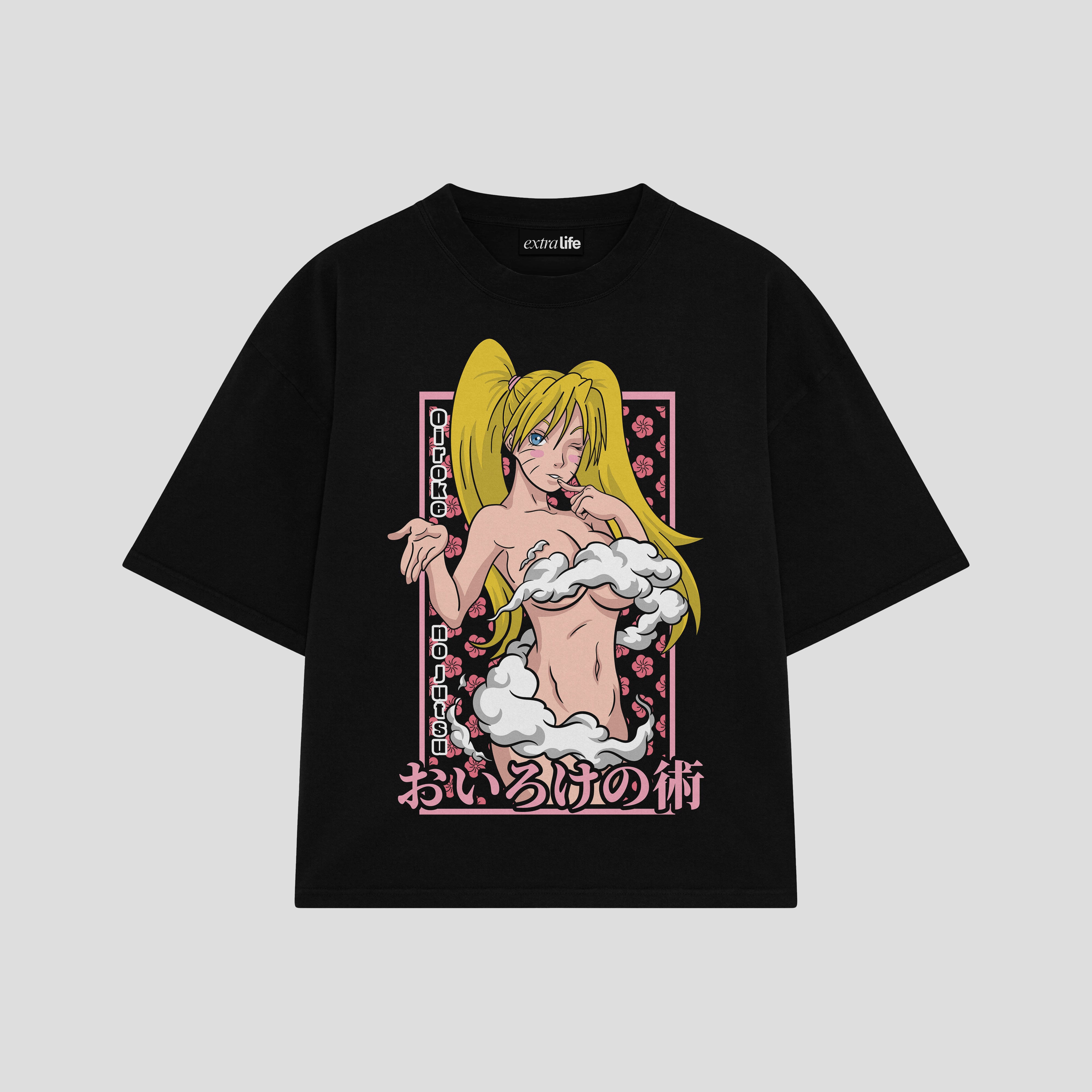Playera streetwear premium de anime y gaming ExtraLife MX, corte boxy oversized drop shoulder heavyweight en color Deep Black y Off-White, moda urbana mexicana de culto.