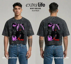 Playera streetwear premium de anime y gaming ExtraLife MX, corte boxy deluxe mineral wash heavyweight en color Acid Wash, moda urbana mexicana de culto.