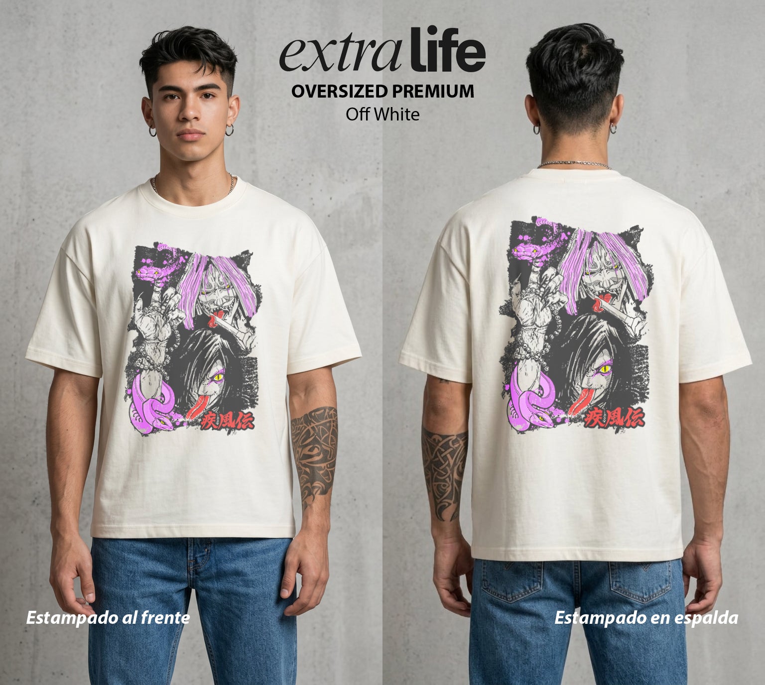 La Aldea Oculta | Zorro de Nueve Colas #02872 - Playera Oversized Premium | Off White - Foto en modelo