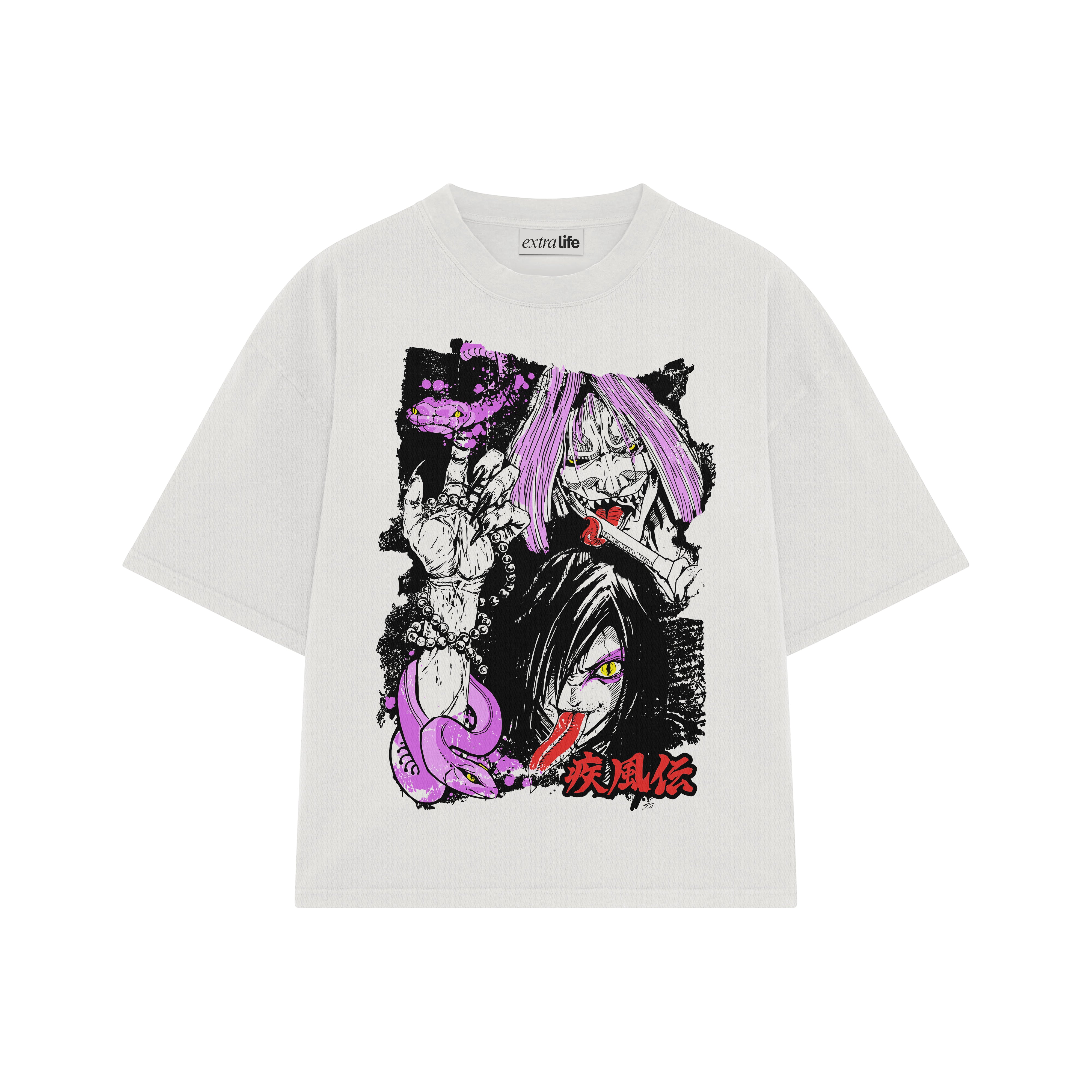 Playera streetwear premium de anime y gaming ExtraLife MX, corte boxy oversized drop shoulder heavyweight en color Deep Black y Off-White, moda urbana mexicana de culto.