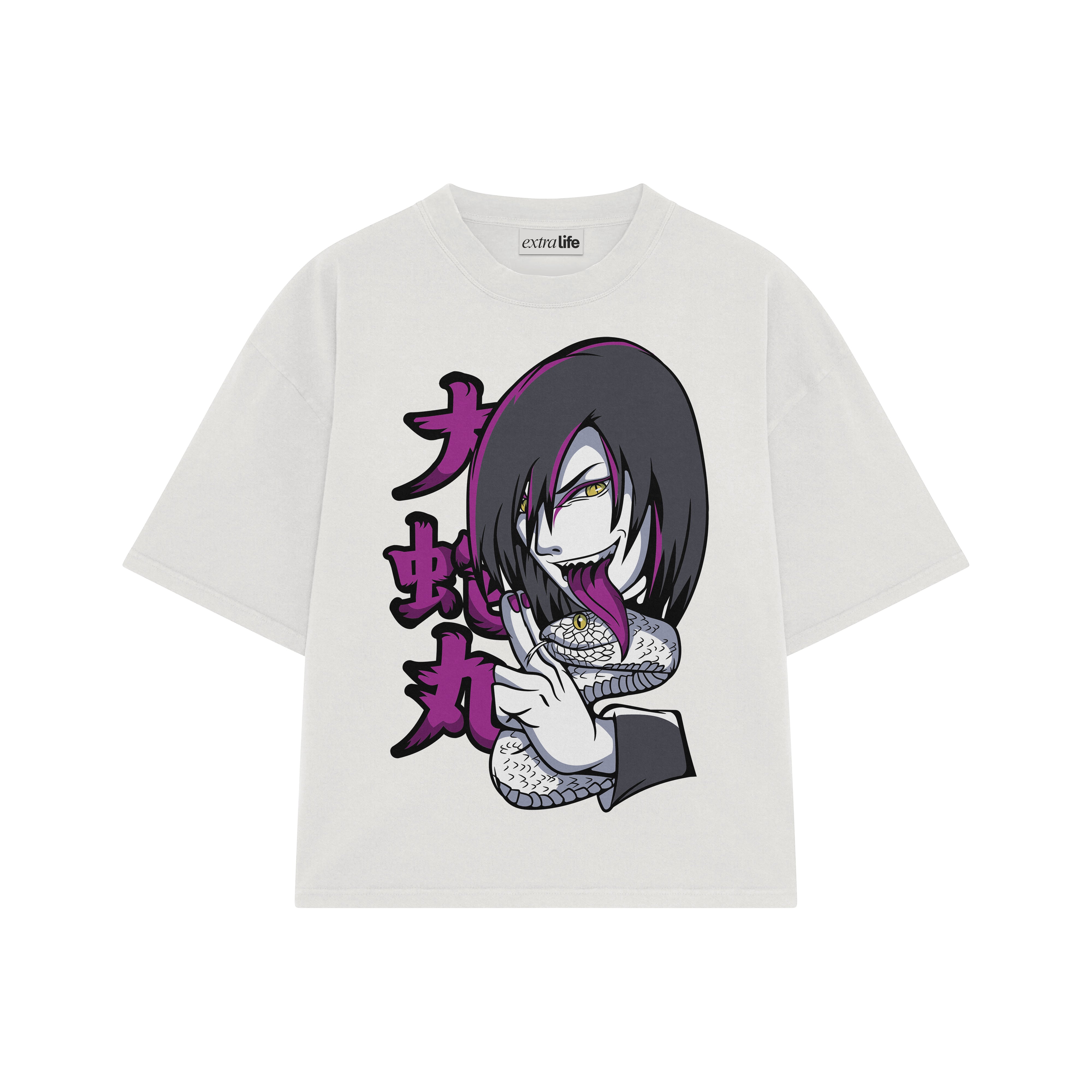 Playera streetwear premium de anime y gaming ExtraLife MX, corte boxy oversized drop shoulder heavyweight en color Deep Black y Off-White, moda urbana mexicana de culto.