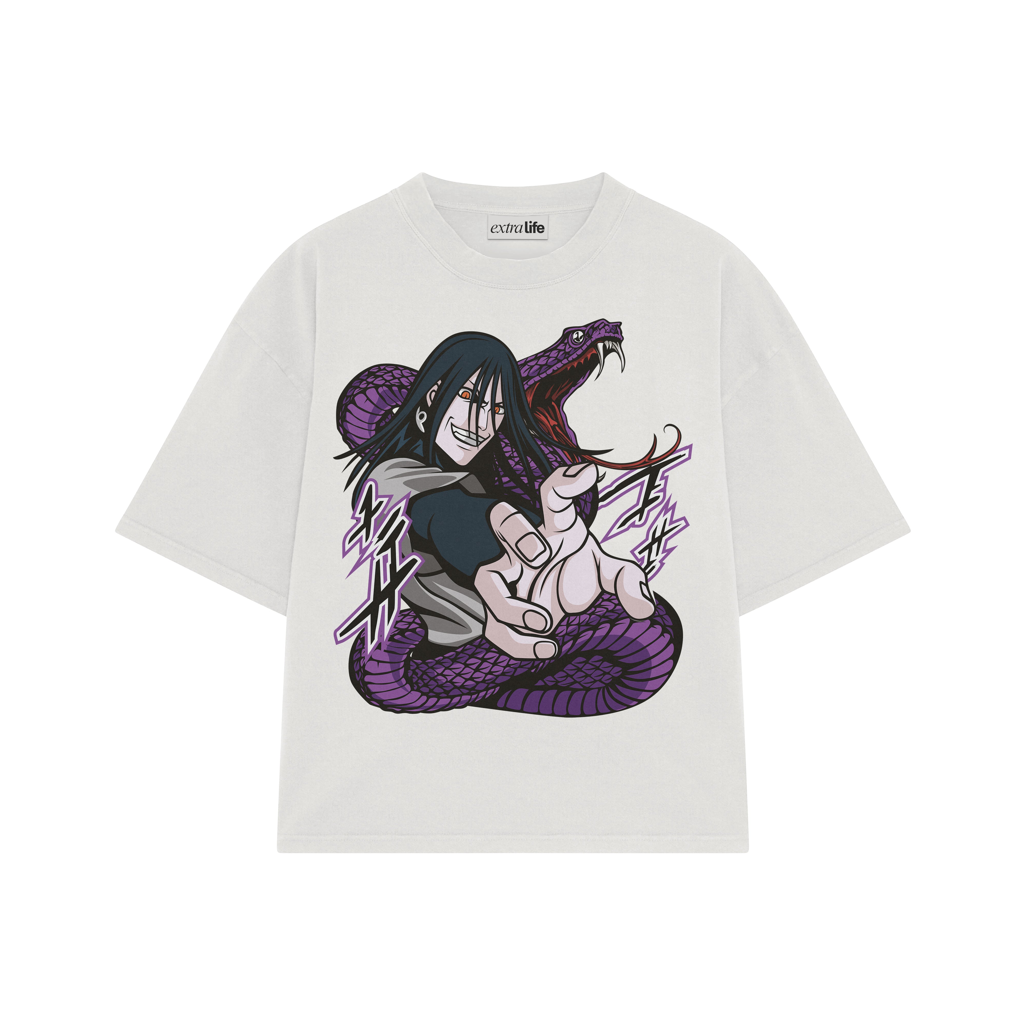 Playera streetwear premium de anime y gaming ExtraLife MX, corte boxy oversized drop shoulder heavyweight en color Deep Black y Off-White, moda urbana mexicana de culto.
