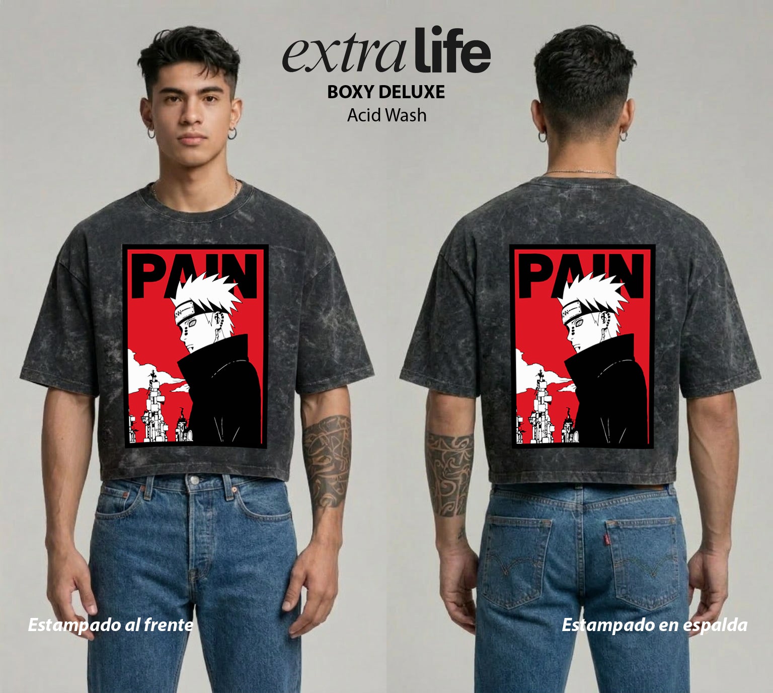 Playera streetwear premium de anime y gaming ExtraLife MX, corte boxy deluxe mineral wash heavyweight en color Acid Wash, moda urbana mexicana de culto.
