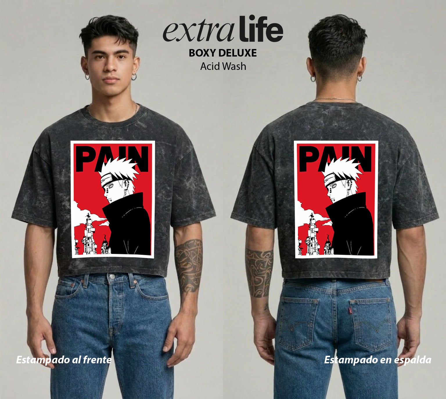 Playera streetwear premium de anime y gaming ExtraLife MX, corte boxy deluxe mineral wash heavyweight en color Acid Wash, moda urbana mexicana de culto.