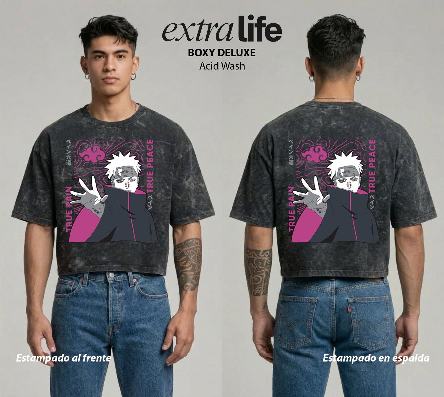 Playera streetwear premium de anime y gaming ExtraLife MX, corte boxy deluxe mineral wash heavyweight en color Acid Wash, moda urbana mexicana de culto.