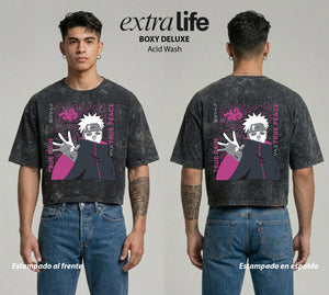 Playera streetwear premium de anime y gaming ExtraLife MX, corte boxy deluxe mineral wash heavyweight en color Acid Wash, moda urbana mexicana de culto.
