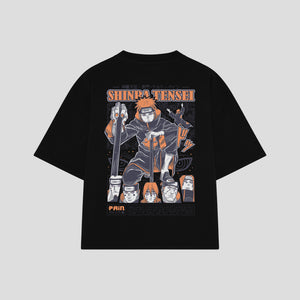 Playera streetwear premium de anime y gaming ExtraLife MX, corte boxy oversized drop shoulder heavyweight en color Deep Black y Off-White, moda urbana mexicana de culto.
