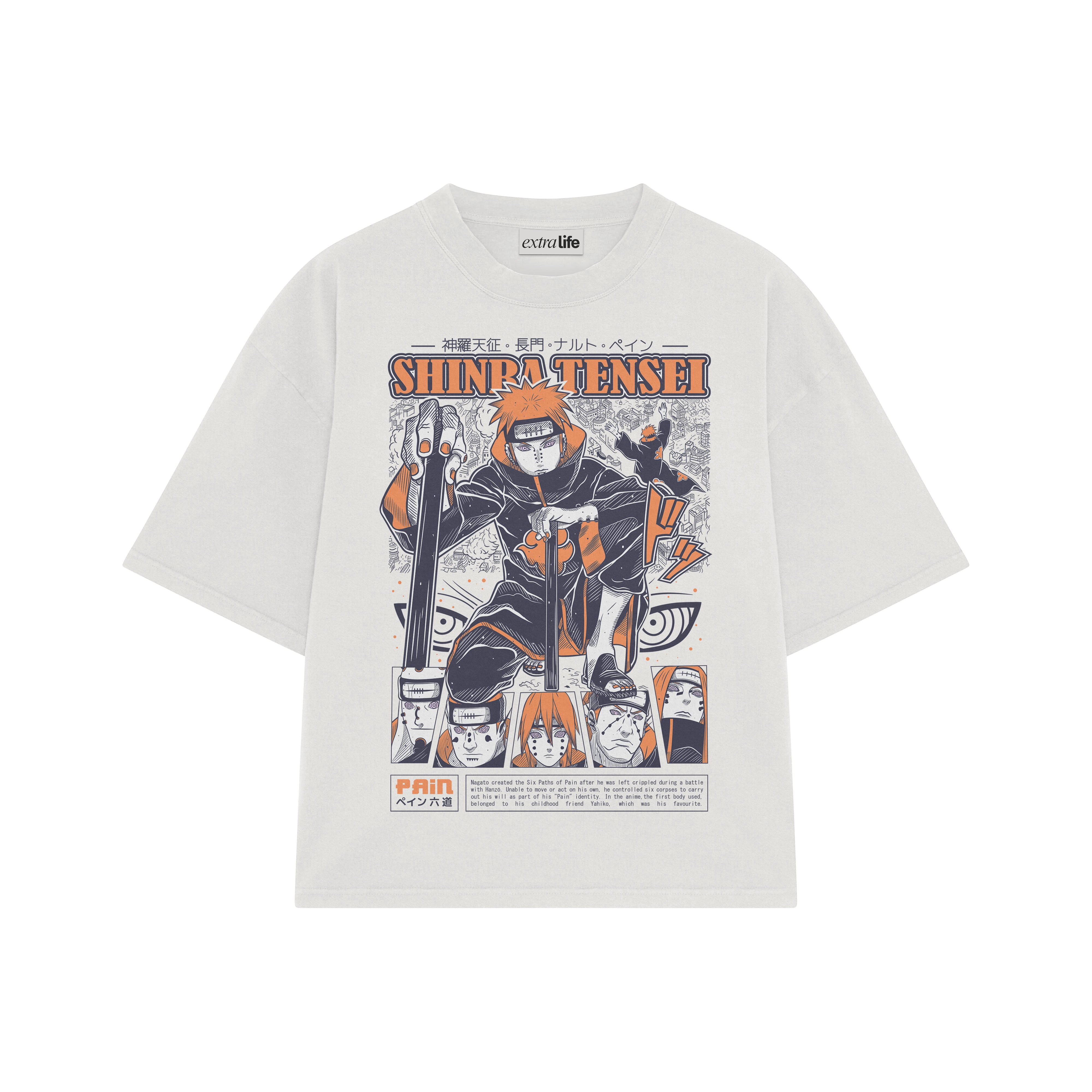 Playera streetwear premium de anime y gaming ExtraLife MX, corte boxy oversized drop shoulder heavyweight en color Deep Black y Off-White, moda urbana mexicana de culto.
