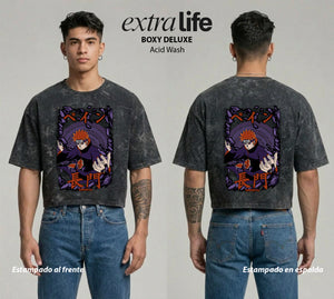 Playera streetwear premium de anime y gaming ExtraLife MX, corte boxy deluxe mineral wash heavyweight en color Acid Wash, moda urbana mexicana de culto.