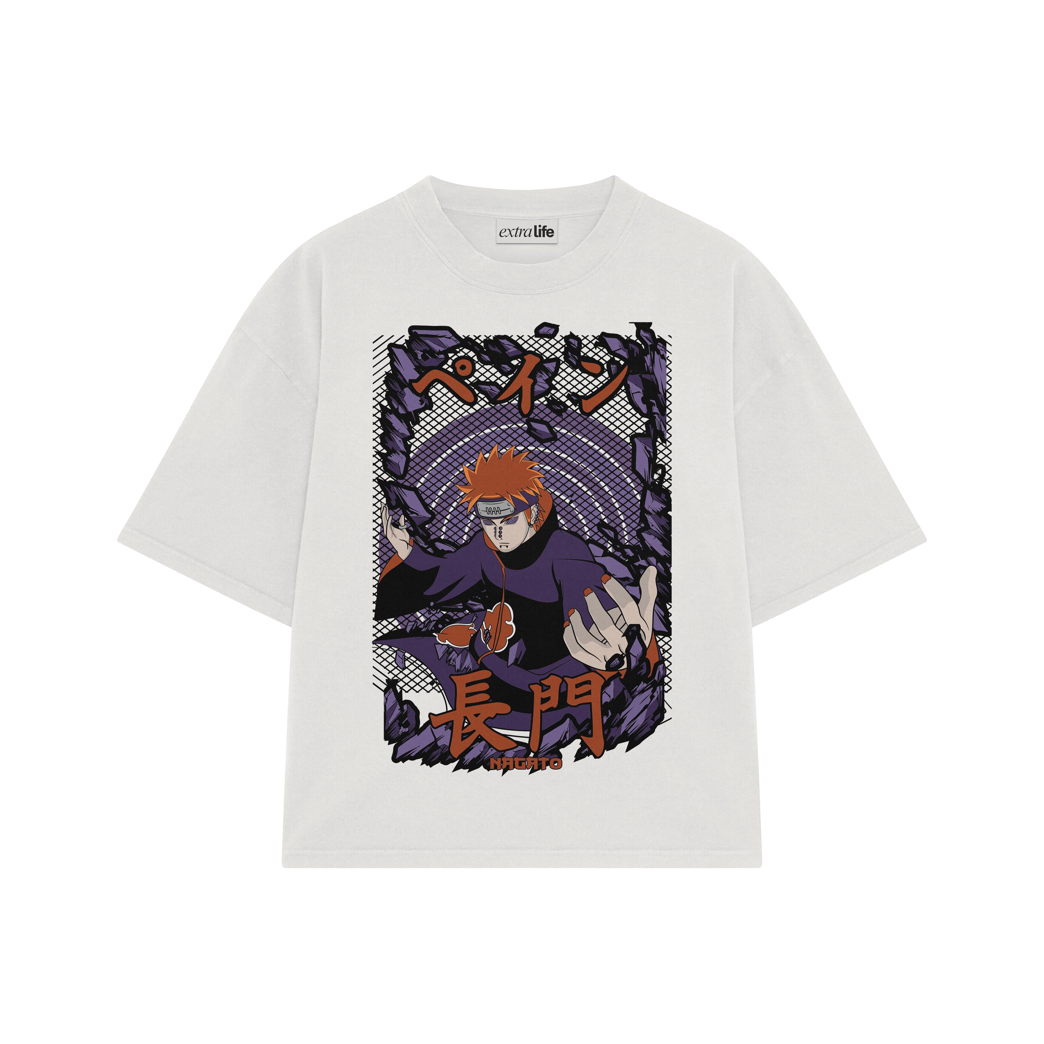 Playera streetwear premium de anime y gaming ExtraLife MX, corte boxy oversized drop shoulder heavyweight en color Deep Black y Off-White, moda urbana mexicana de culto.