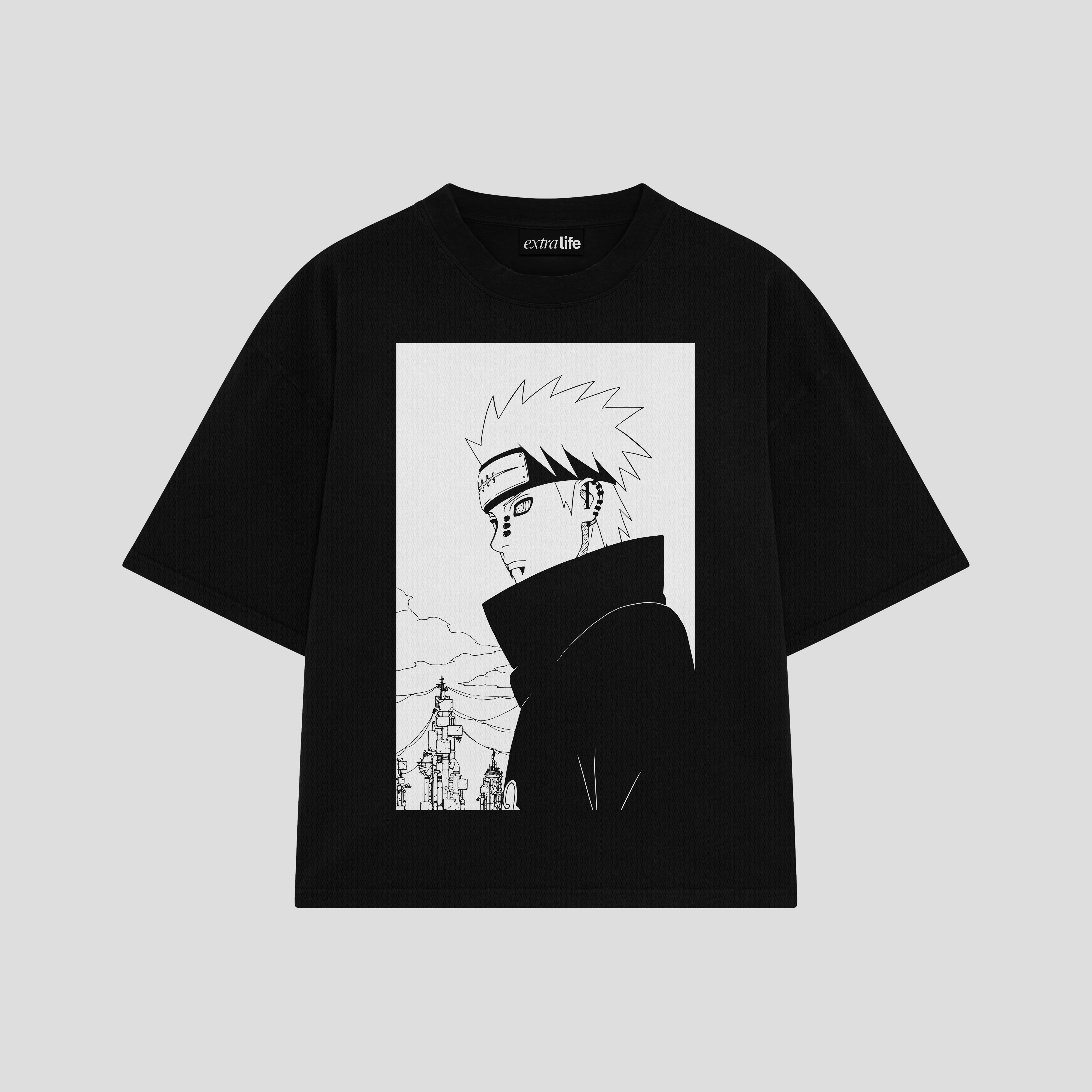 Playera streetwear premium de anime y gaming ExtraLife MX, corte boxy oversized drop shoulder heavyweight en color Deep Black y Off-White, moda urbana mexicana de culto.
