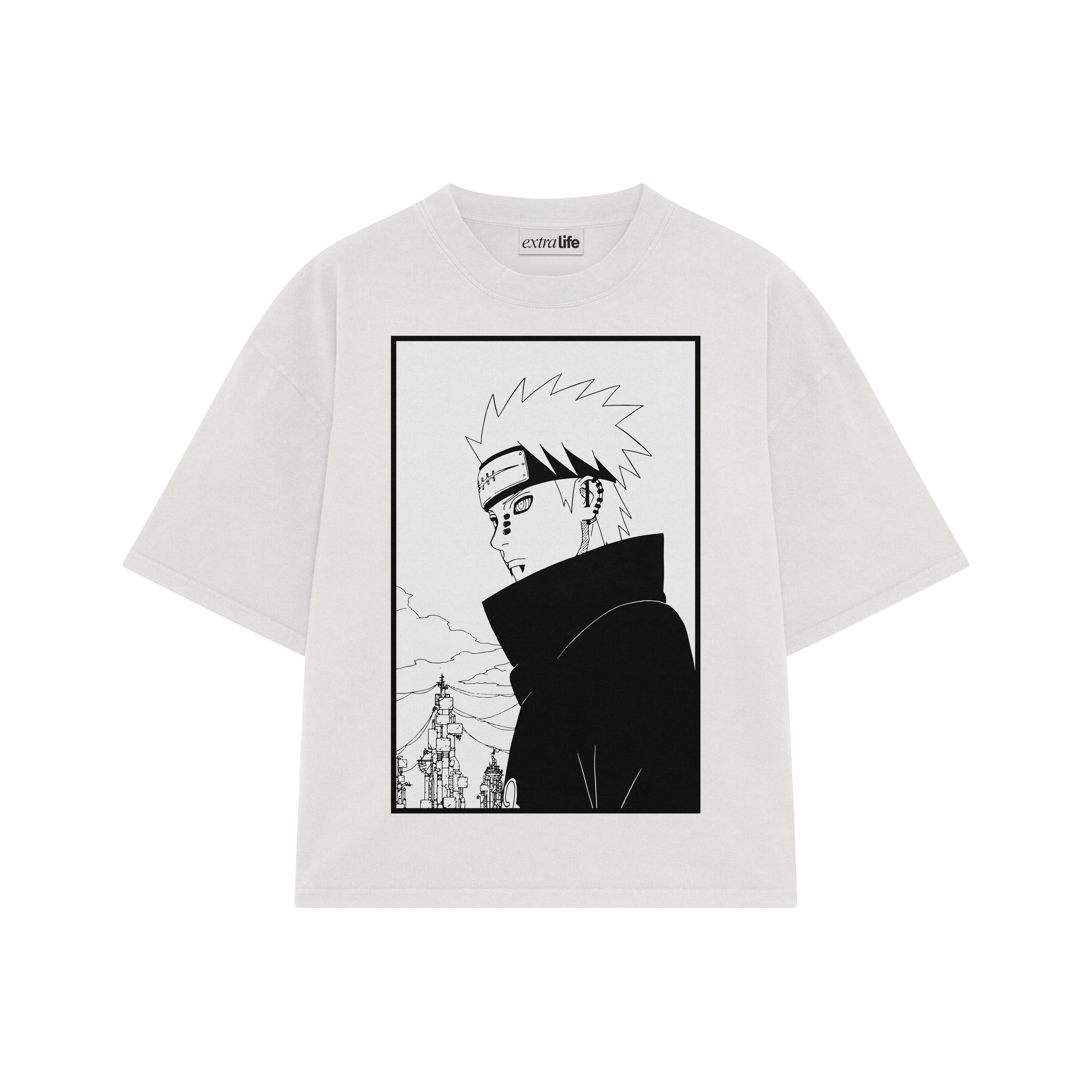 Playera streetwear premium de anime y gaming ExtraLife MX, corte boxy oversized drop shoulder heavyweight en color Deep Black y Off-White, moda urbana mexicana de culto.