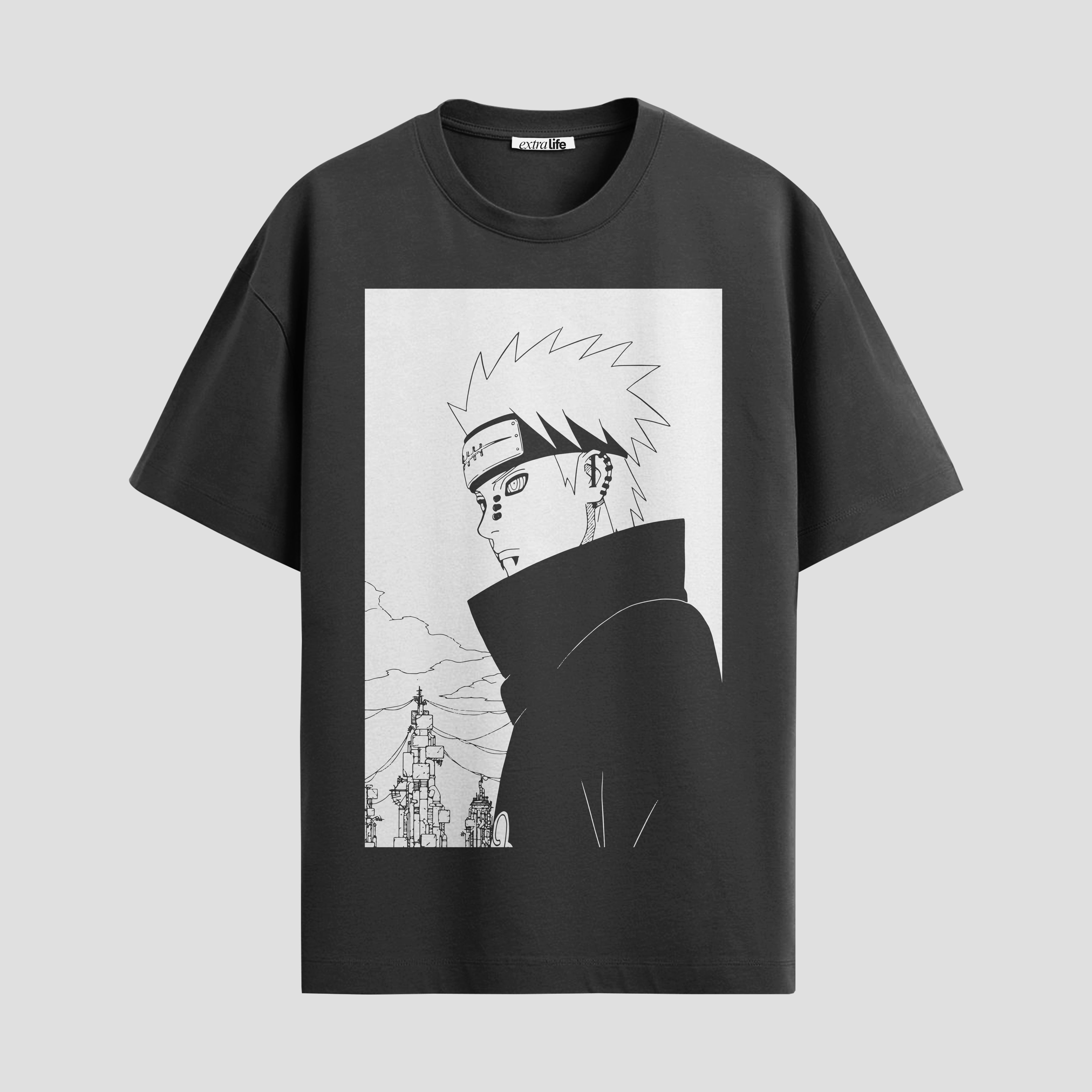 Playera urbana de anime y gaming ExtraLife MX, corte Standard Fit unisex ligero y transpirable en color Deep Black y Pure White, ropa de uso diario para gym y casual.