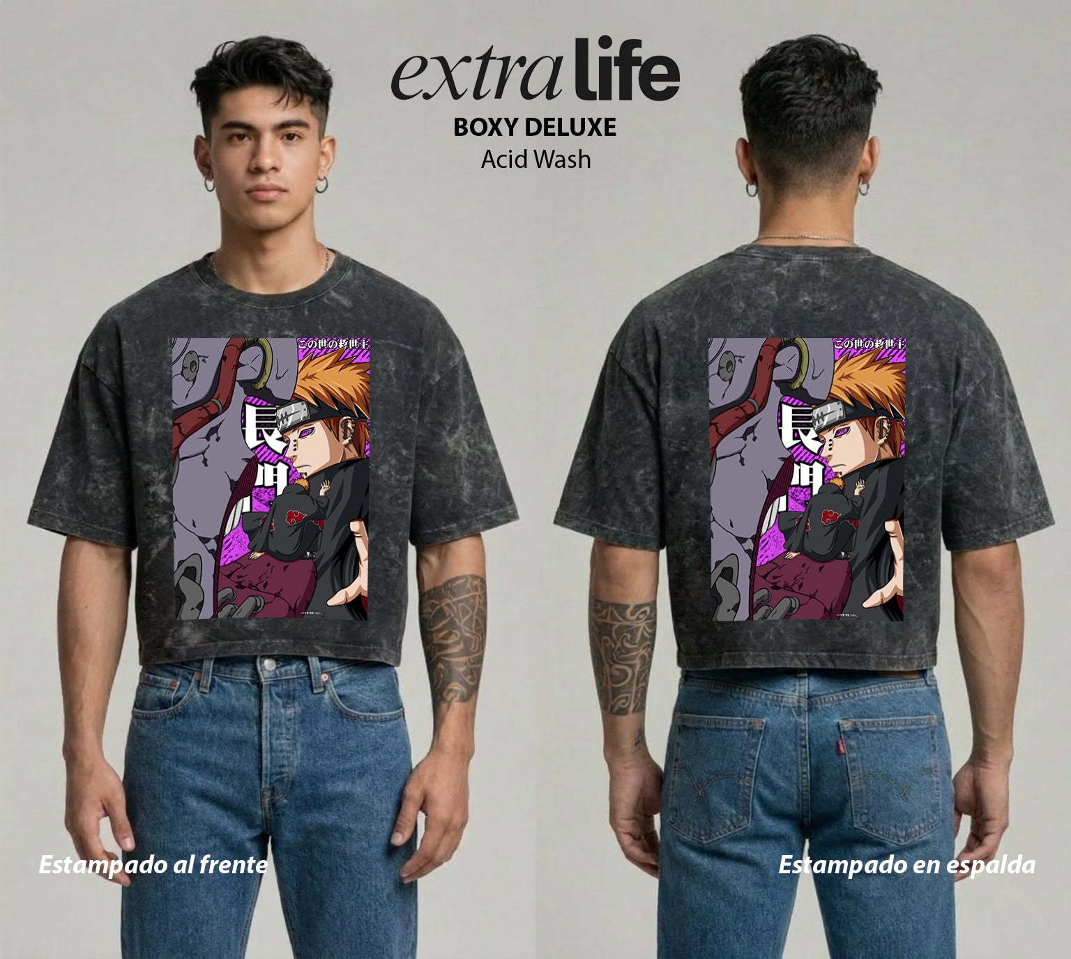 Playera streetwear premium de anime y gaming ExtraLife MX, corte boxy deluxe mineral wash heavyweight en color Acid Wash, moda urbana mexicana de culto.