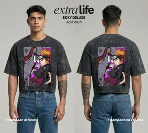 Playera streetwear premium de anime y gaming ExtraLife MX, corte boxy deluxe mineral wash heavyweight en color Acid Wash, moda urbana mexicana de culto.