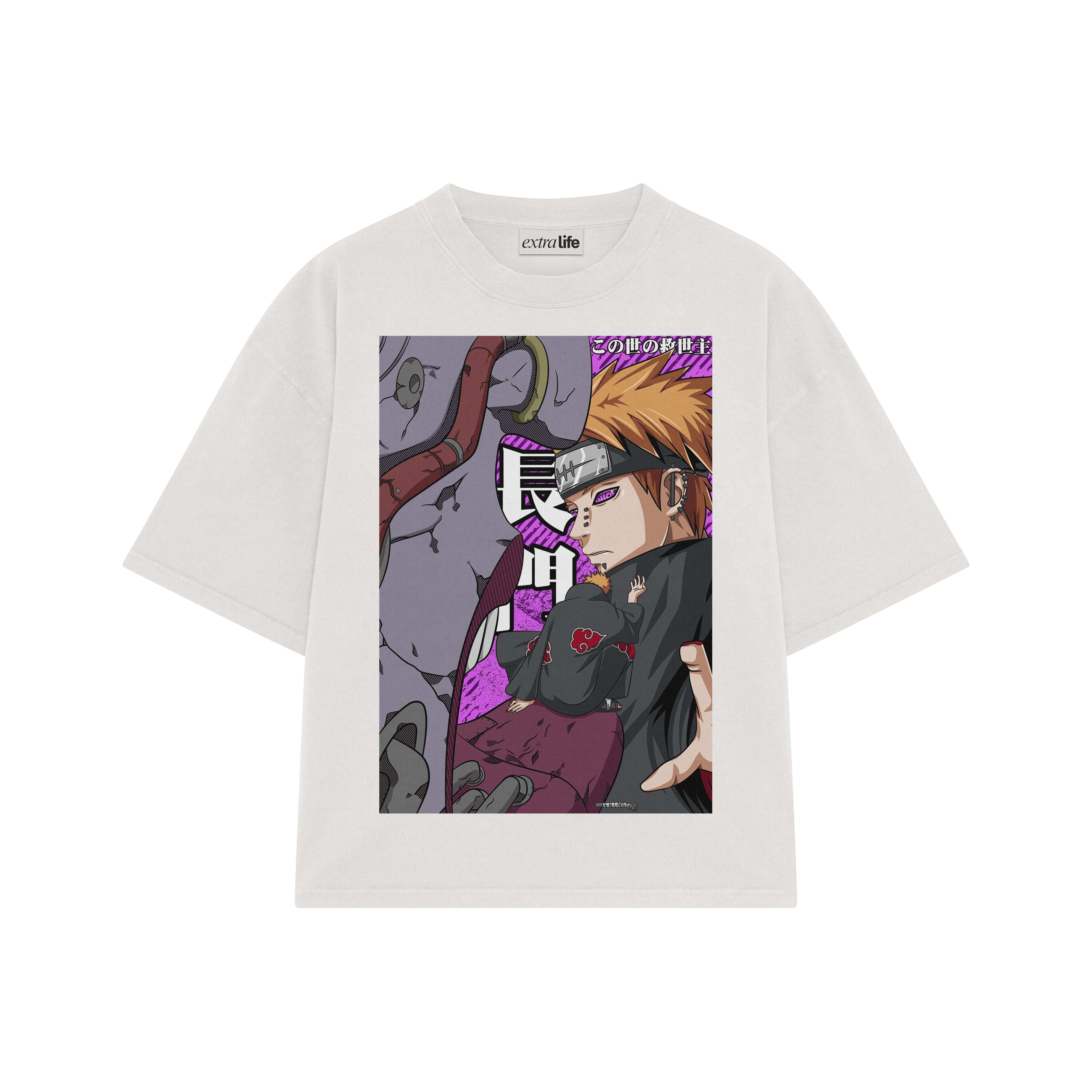Playera streetwear premium de anime y gaming ExtraLife MX, corte boxy oversized drop shoulder heavyweight en color Deep Black y Off-White, moda urbana mexicana de culto.