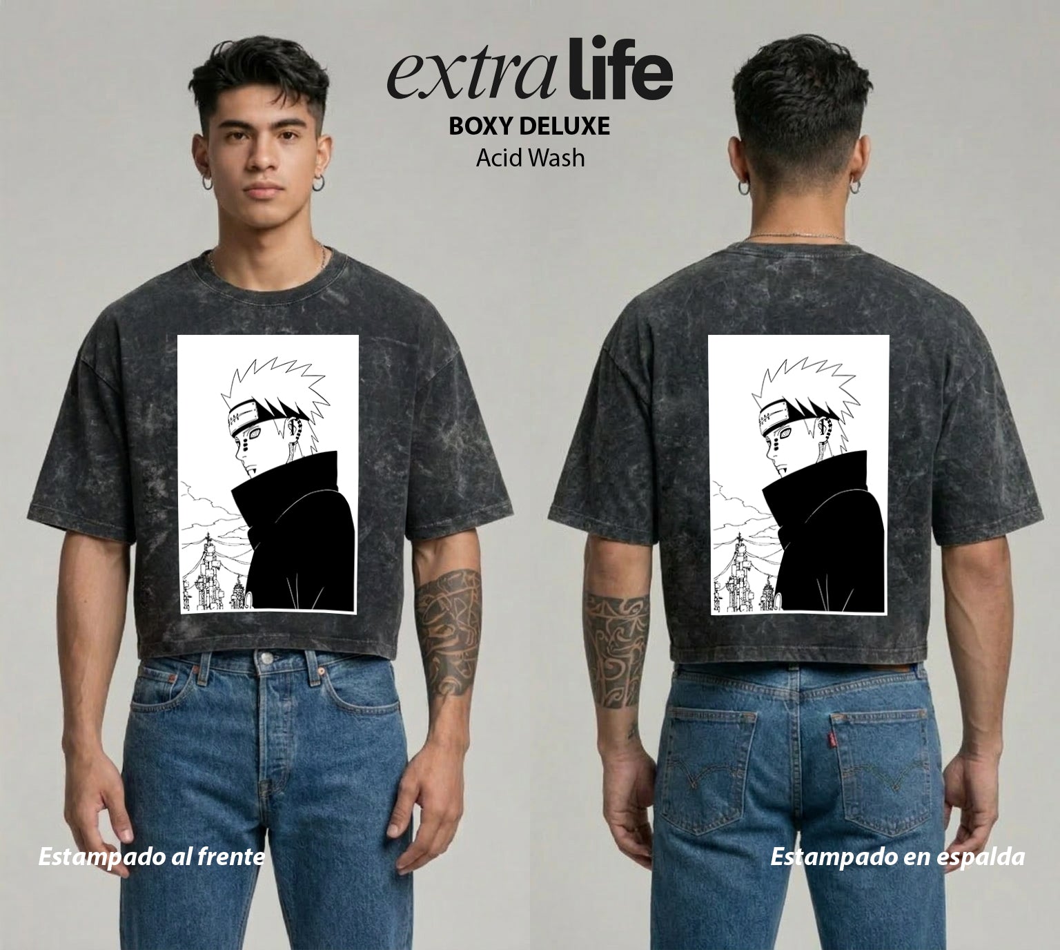 Playera streetwear premium de anime y gaming ExtraLife MX, corte boxy deluxe mineral wash heavyweight en color Acid Wash, moda urbana mexicana de culto.