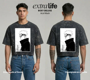 Playera streetwear premium de anime y gaming ExtraLife MX, corte boxy deluxe mineral wash heavyweight en color Acid Wash, moda urbana mexicana de culto.