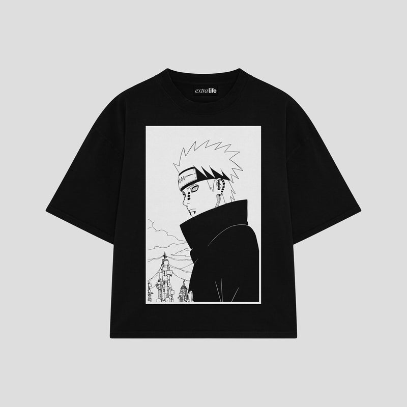 Playera streetwear premium de anime y gaming ExtraLife MX, corte boxy oversized drop shoulder heavyweight en color Deep Black y Off-White, moda urbana mexicana de culto.