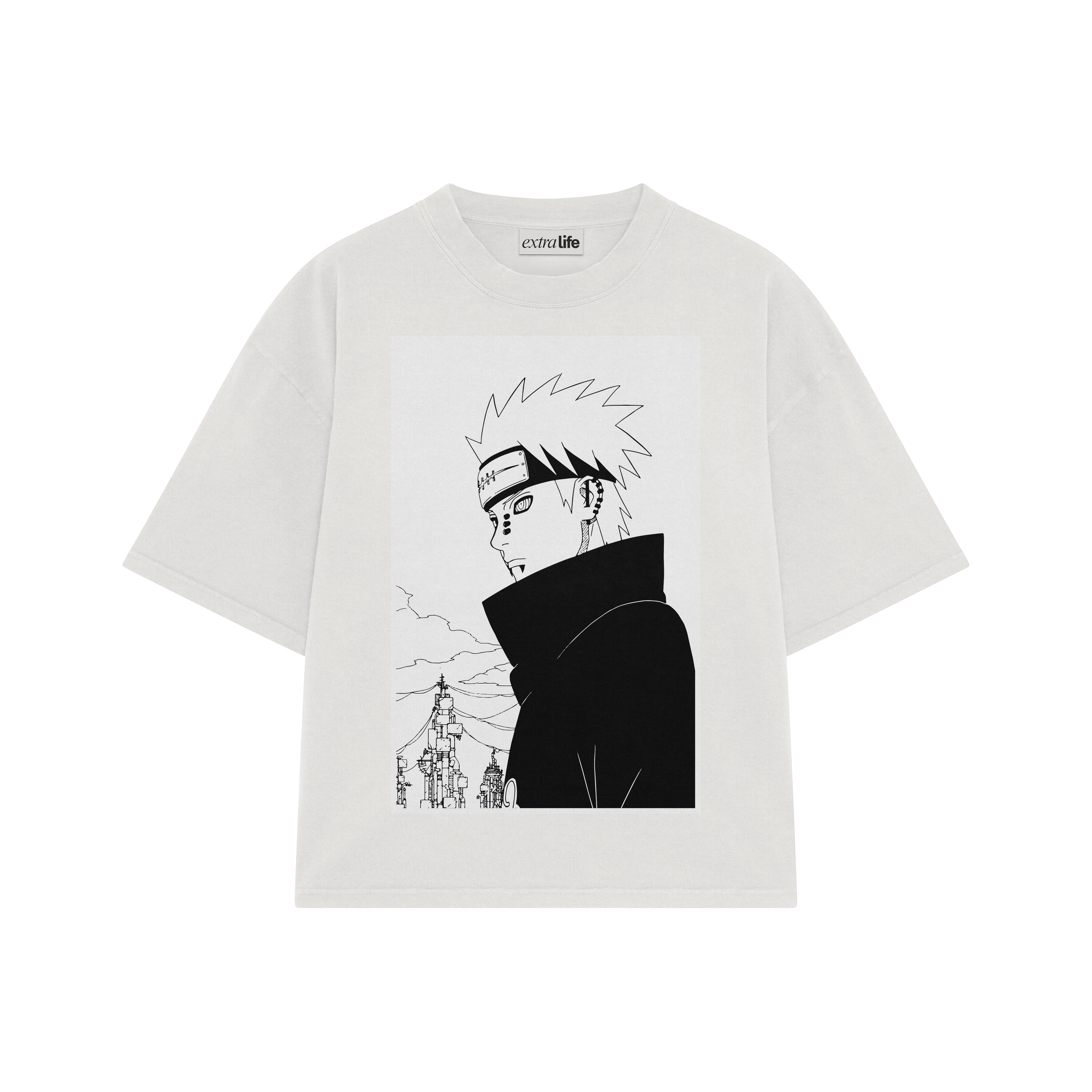 Playera streetwear premium de anime y gaming ExtraLife MX, corte boxy oversized drop shoulder heavyweight en color Deep Black y Off-White, moda urbana mexicana de culto.