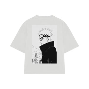 Playera streetwear premium de anime y gaming ExtraLife MX, corte boxy oversized drop shoulder heavyweight en color Deep Black y Off-White, moda urbana mexicana de culto.