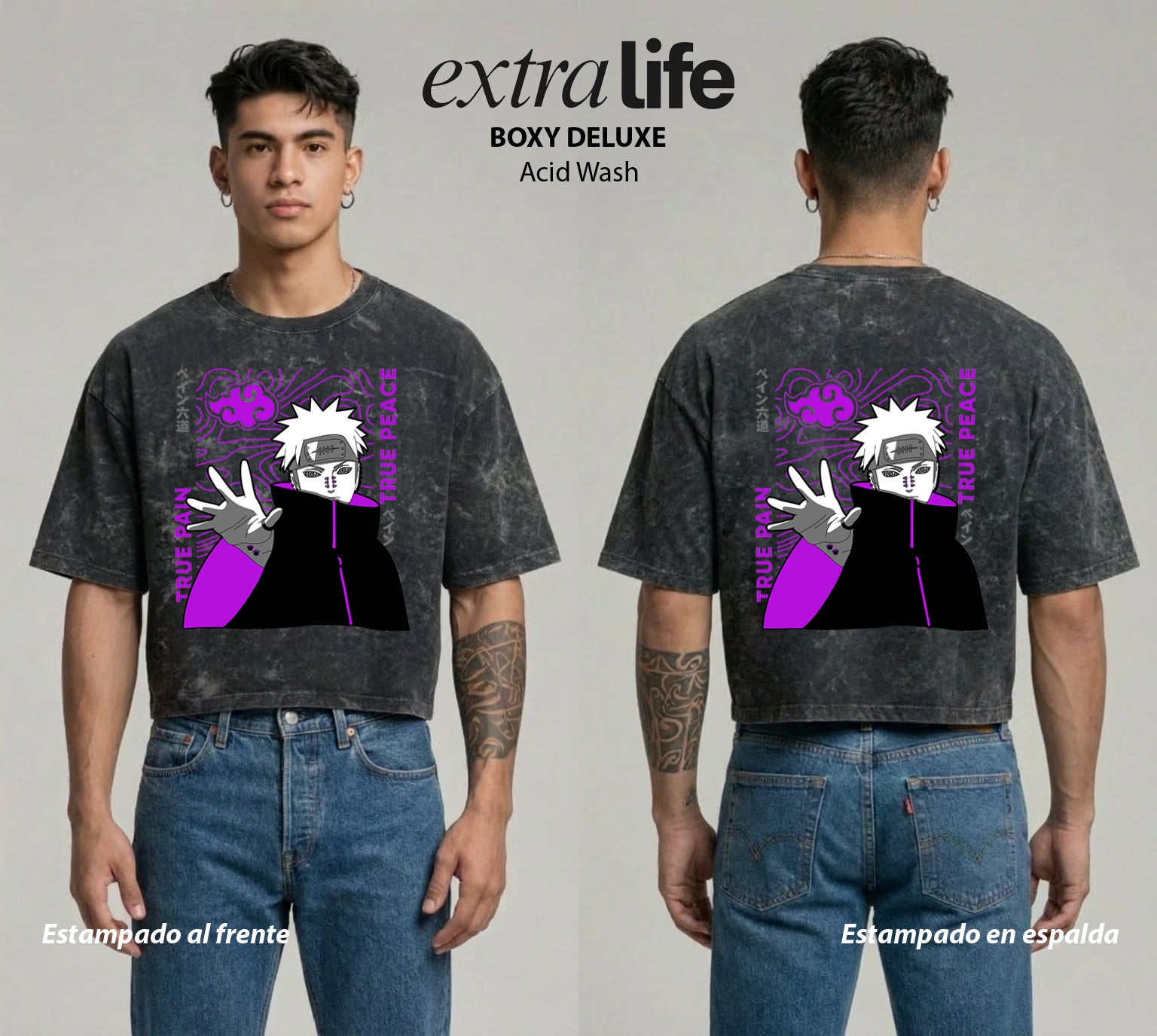 Playera streetwear premium de anime y gaming ExtraLife MX, corte boxy deluxe mineral wash heavyweight en color Acid Wash, moda urbana mexicana de culto.