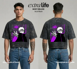 Playera streetwear premium de anime y gaming ExtraLife MX, corte boxy deluxe mineral wash heavyweight en color Acid Wash, moda urbana mexicana de culto.