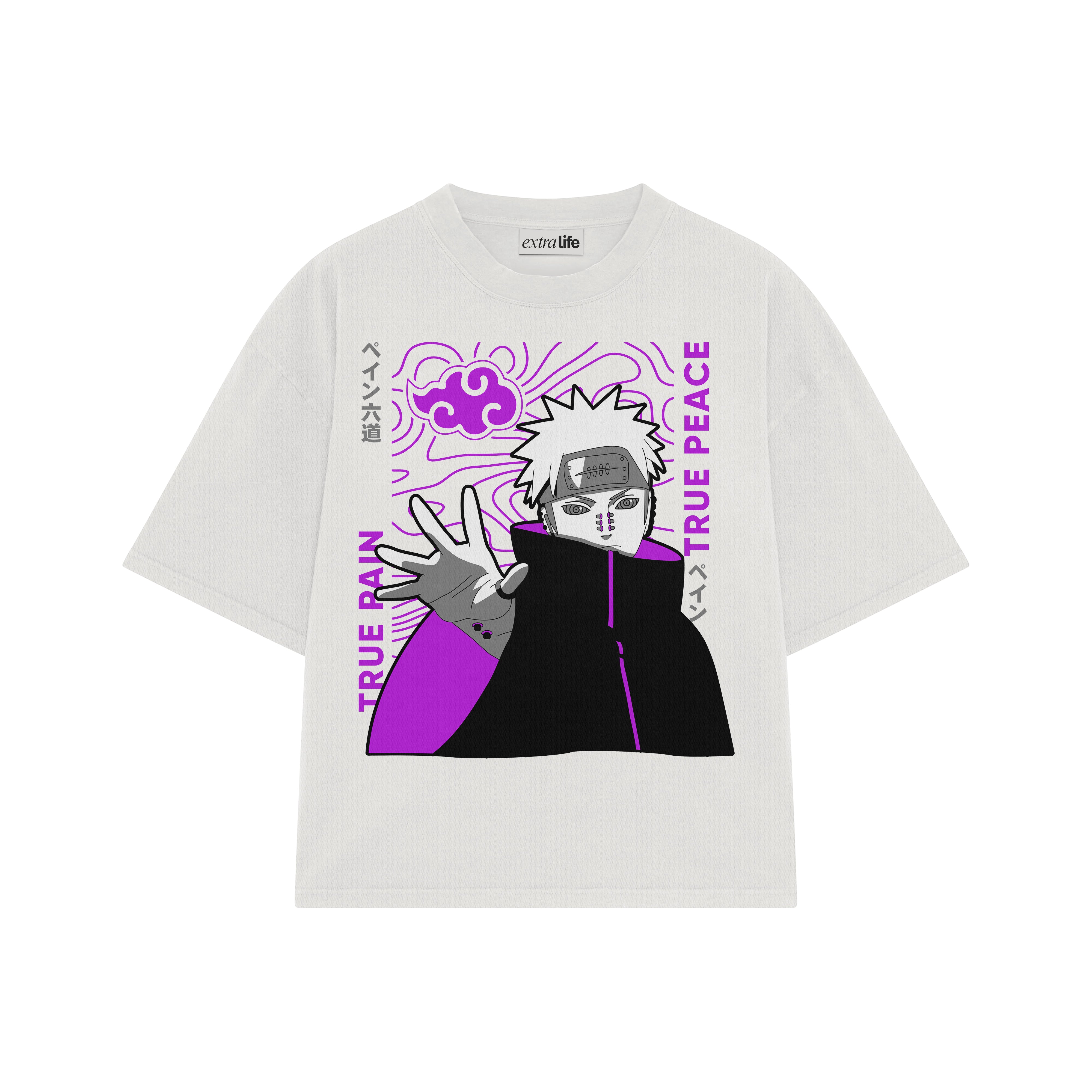 Playera streetwear premium de anime y gaming ExtraLife MX, corte boxy oversized drop shoulder heavyweight en color Deep Black y Off-White, moda urbana mexicana de culto.