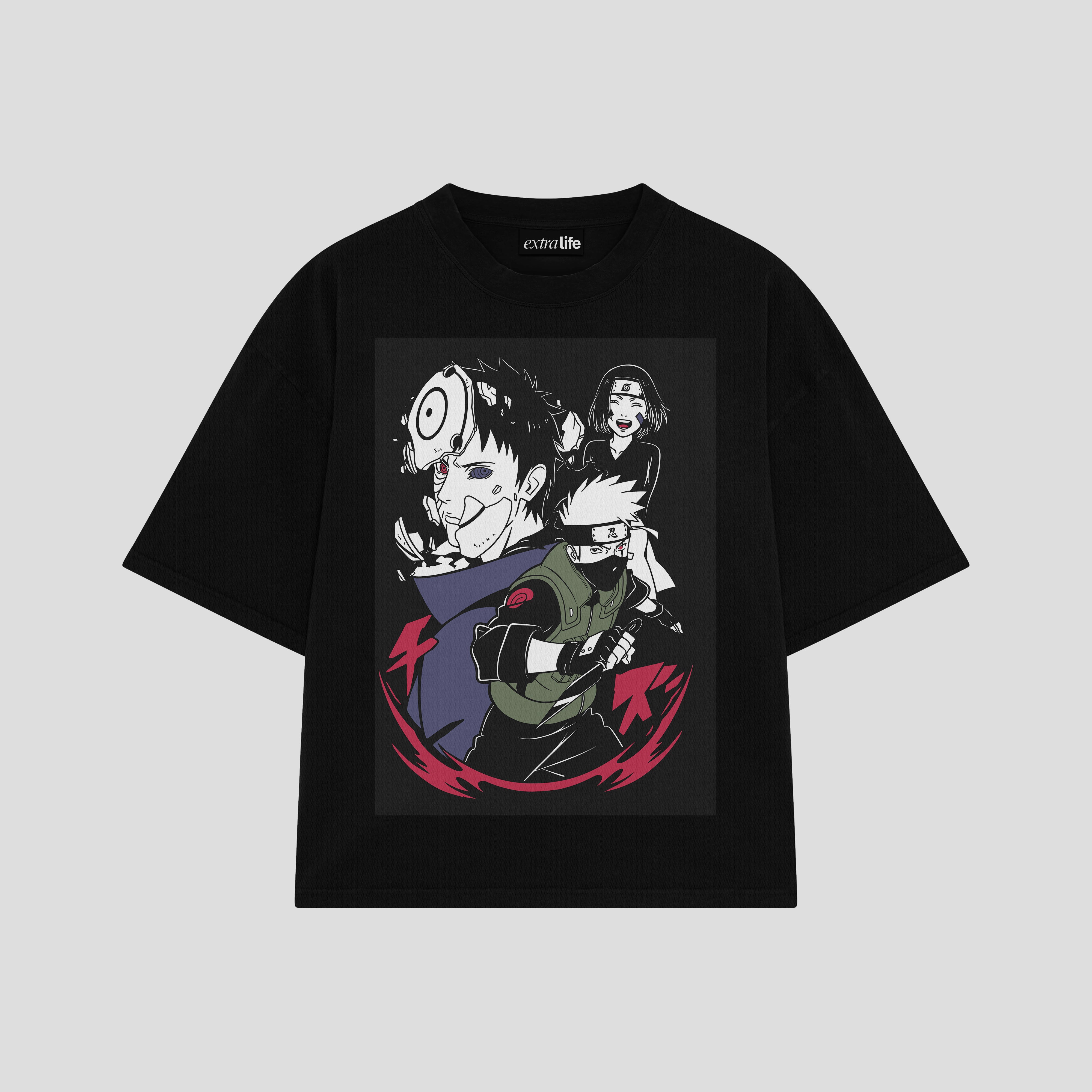 Playera streetwear premium de anime y gaming ExtraLife MX, corte boxy oversized drop shoulder heavyweight en color Deep Black y Off-White, moda urbana mexicana de culto.